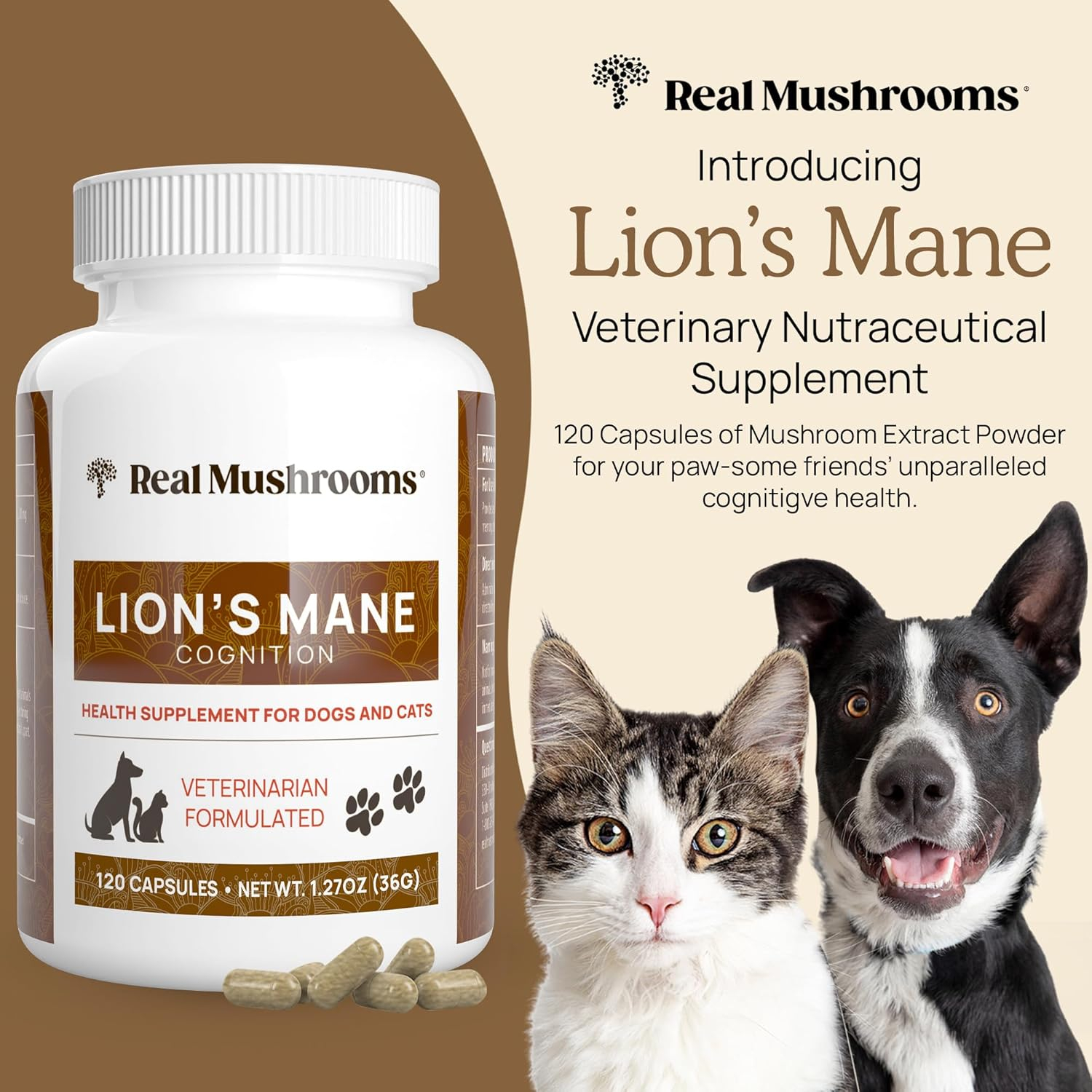 Real Mushrooms Lion's Mane, For Dogs and Cats, 120 Capsules