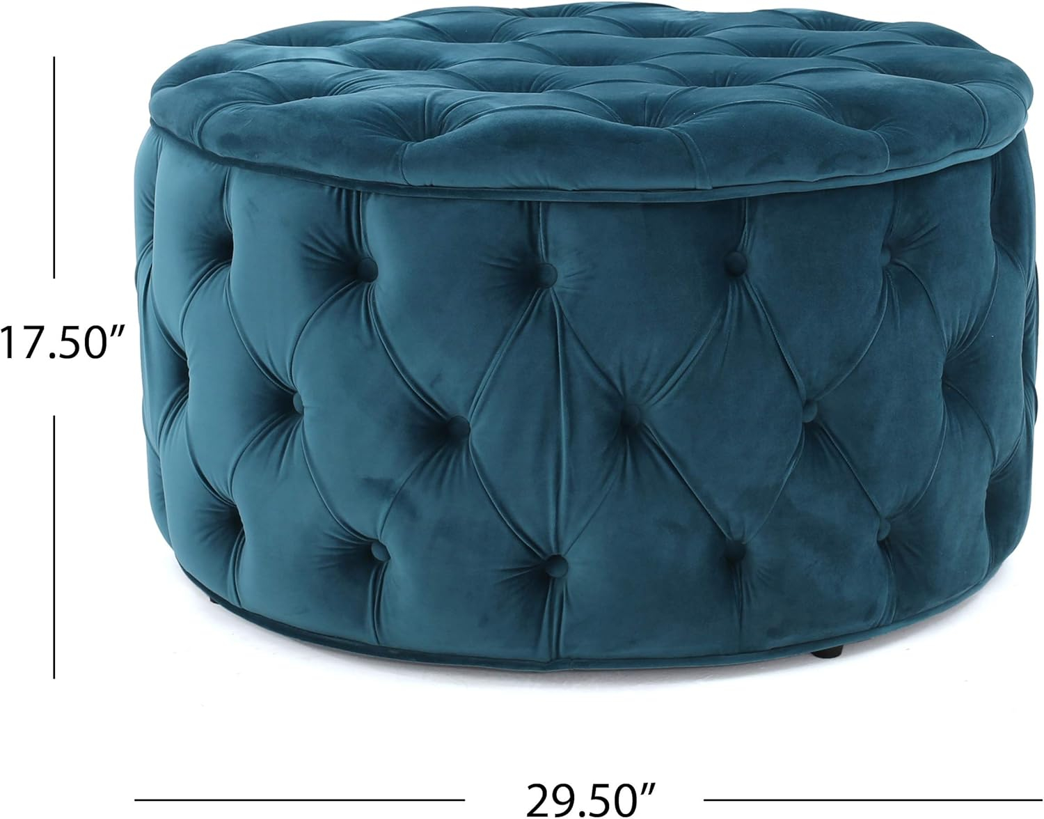 Contemporary Birch and Velvet Round Tufted Ottoman in Teal