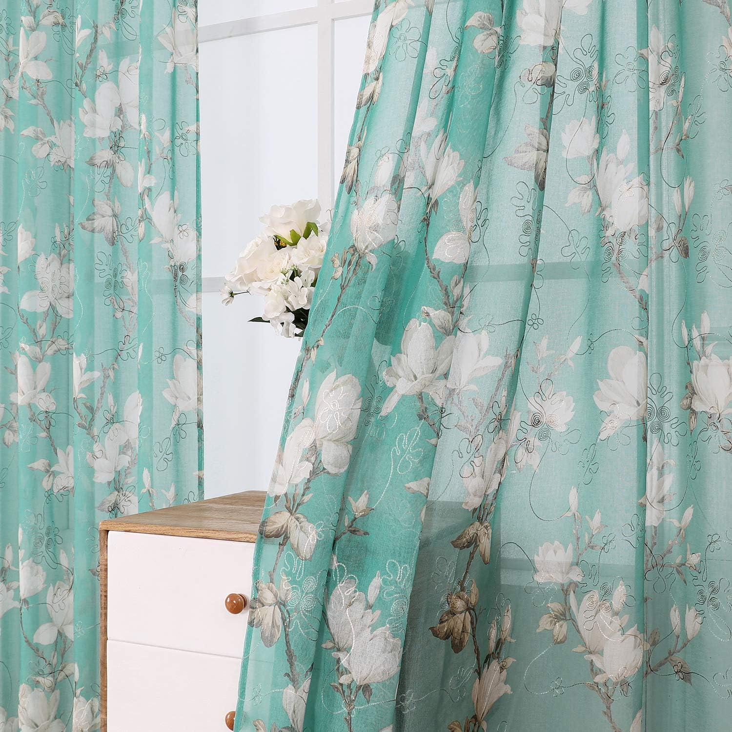 Tollpiz Floral Turquoise Sheer Curtain Flower Print Vine Embroidery Bedroom Curtains Rod Pocket Voile Window Curtain for Living Room, 54 x 95 inches Long, Set of 2 Panels