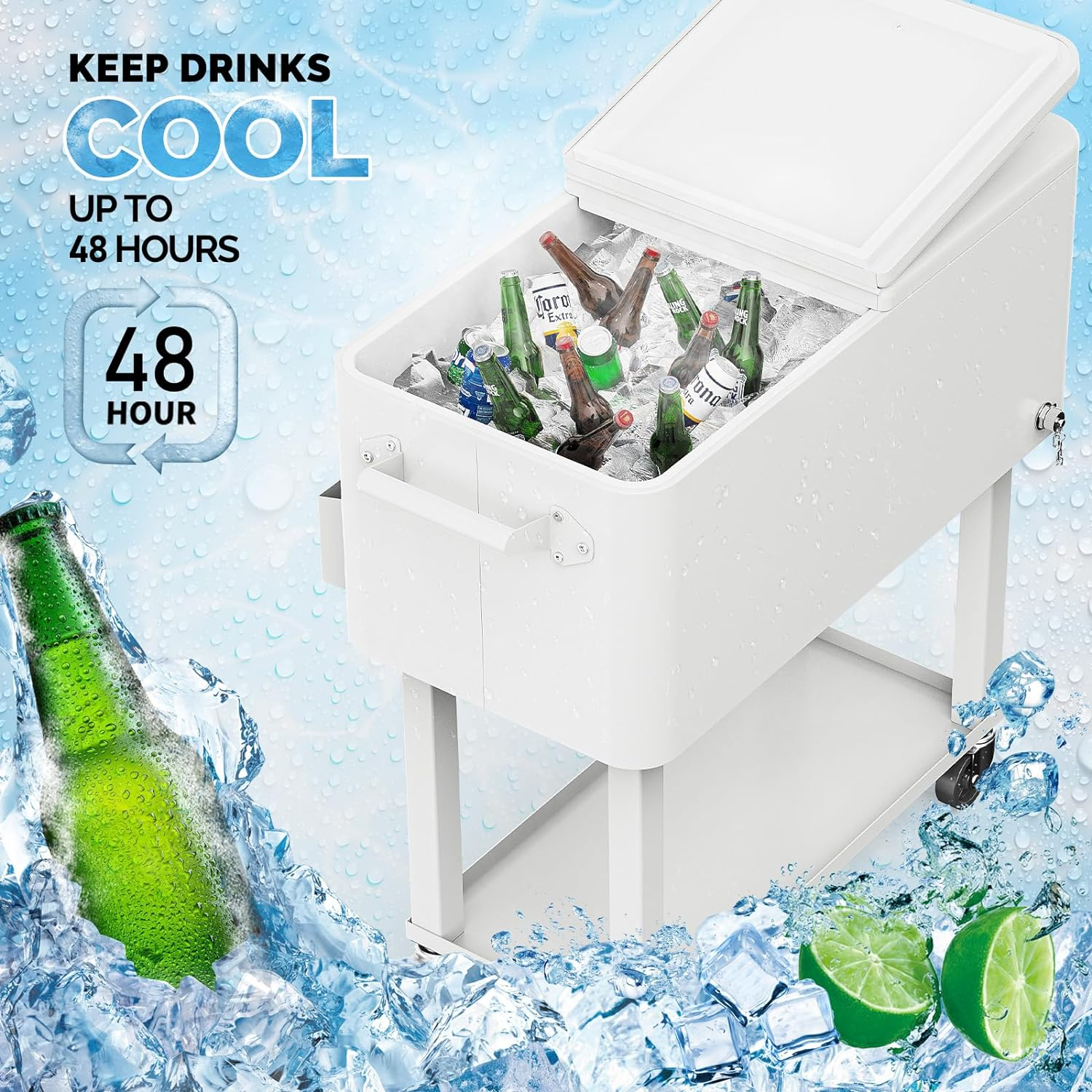 White Iron Rolling Cooler Cart with Shelf and Bottle Opener