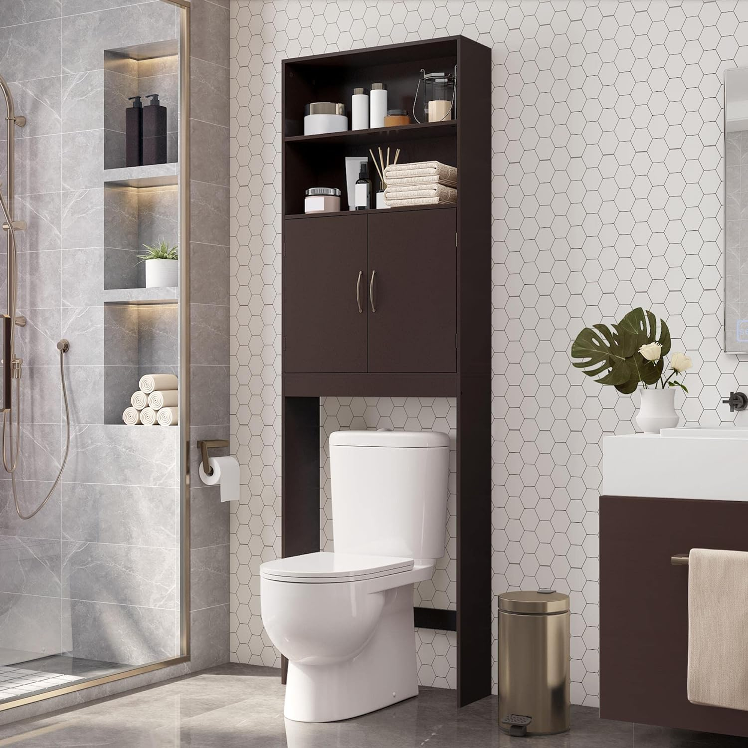 Killeryuki Over The Toilet Storage, Taller Bathroom Organizer Space-Saving Storage Cabinet with Adjustable Shelves and Double Doors, 77 in H, Espresso