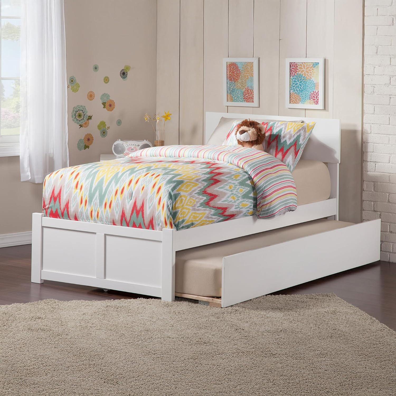 Orlando Twin Extra Long Bed with Footboard and Twin Extra Long Trundle in White