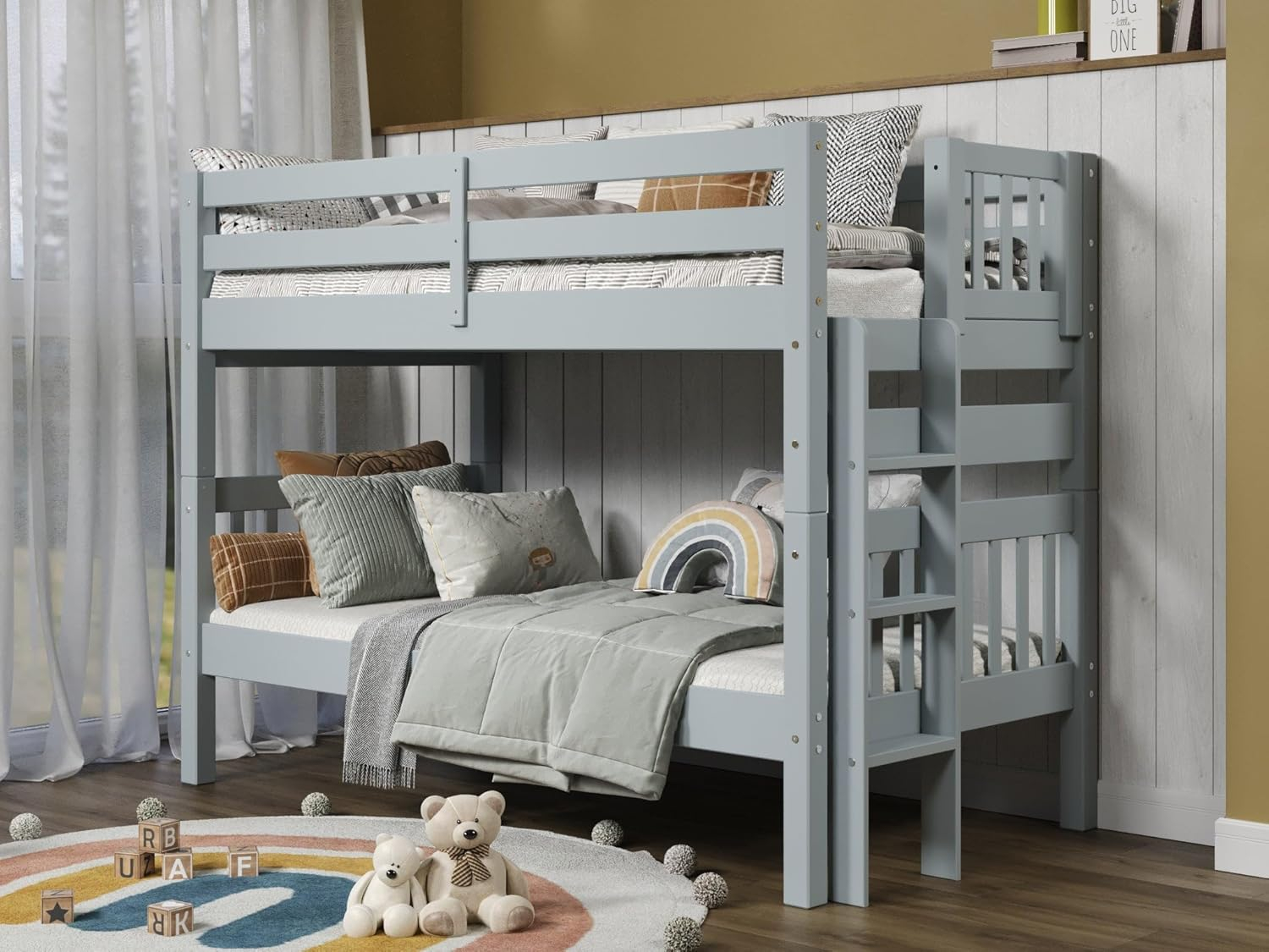 Bedz King Bunk Beds Twin over Twin Mission Style with End Ladder, Breezy Blue