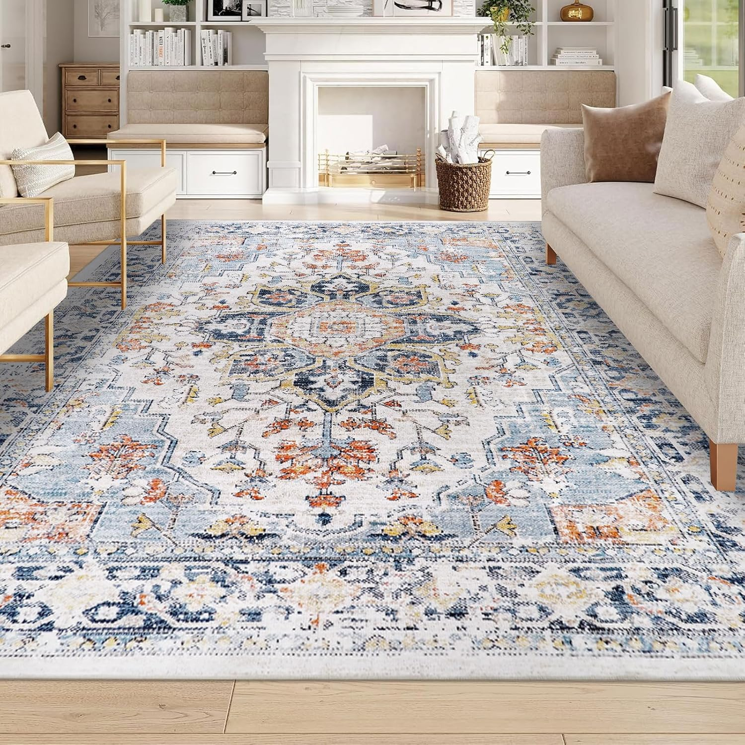 Hasoo 9' x 12' Modern Large Area Rug Stain Non-Shedding Low-Pile Distressed Area Rug Carpet for Living Room Bedroom, Light Blue