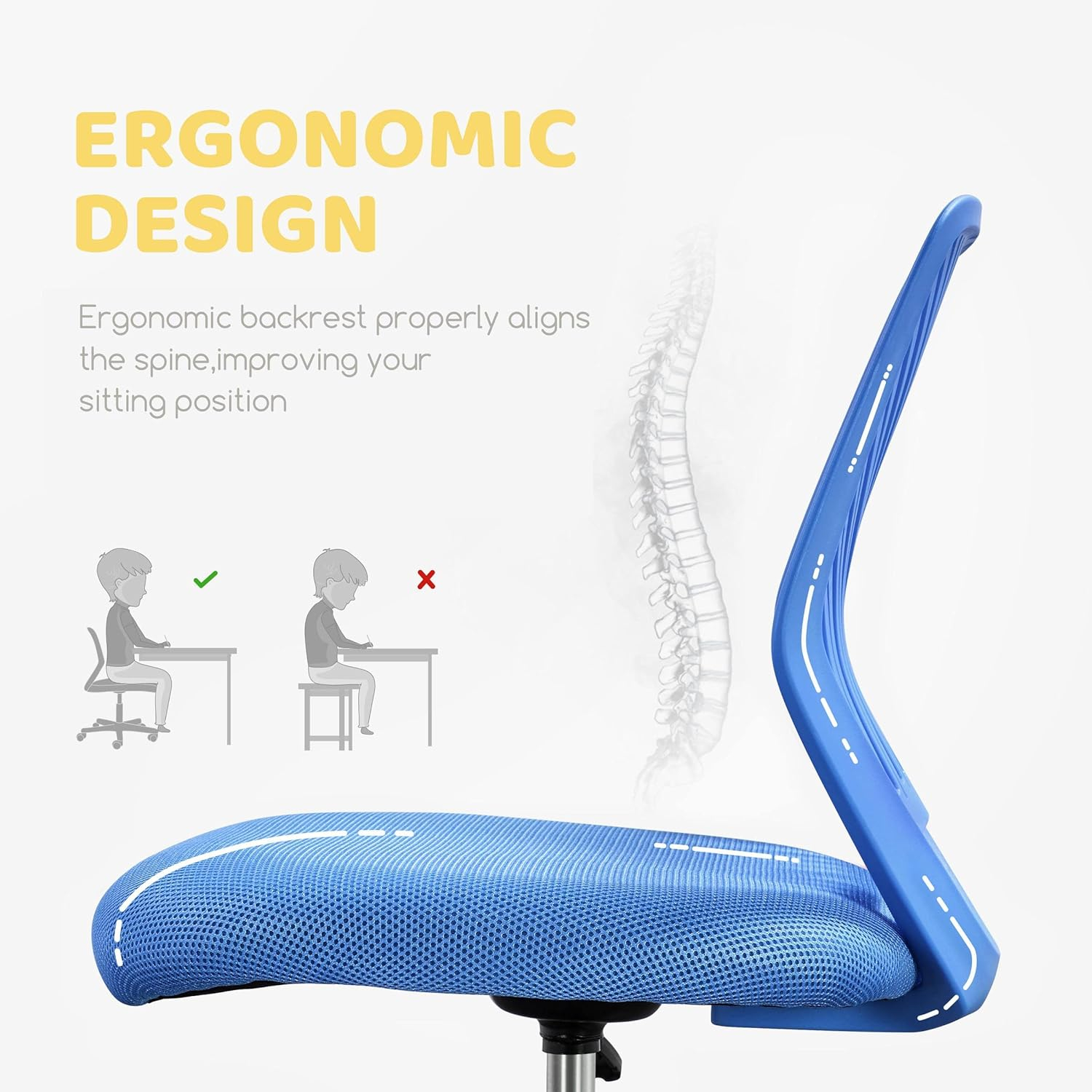 Yaheetech Students Desk Chair Low-Back Armless Study Chair Cute with Lumbar Support Adjustable Height for Youth, Blue