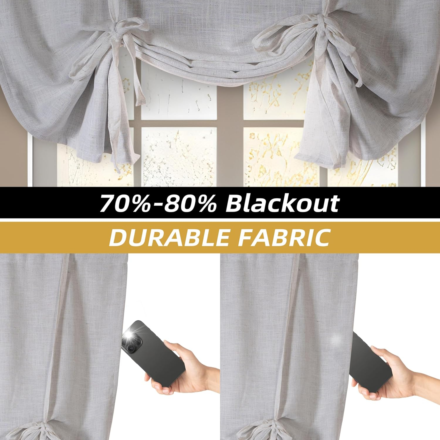 DriftAway Blackout Linen Textured Solid Basic Room Darkening Tie Up Curtain Adjustable Balloon Rod Pocket, 31" x 47", Ivory