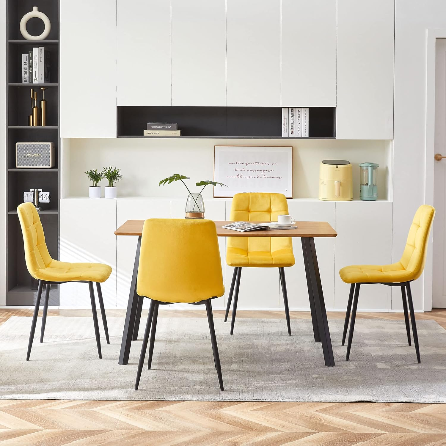 Modern Dining Chair Velvet Set of 4,Upholstered Living Room Chair with No Arms Side Chair High-Back Space Savining Accent Chair with Metal Legs for Dining Room,Living Room, Yellow