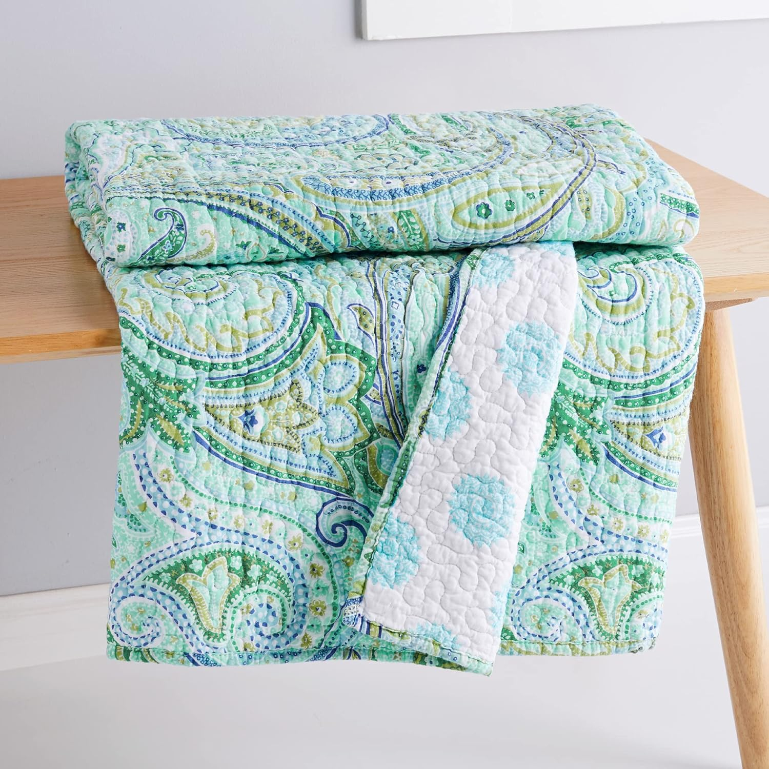 Teal and Green Cotton Reversible Paisley Throw Blanket 50x60in