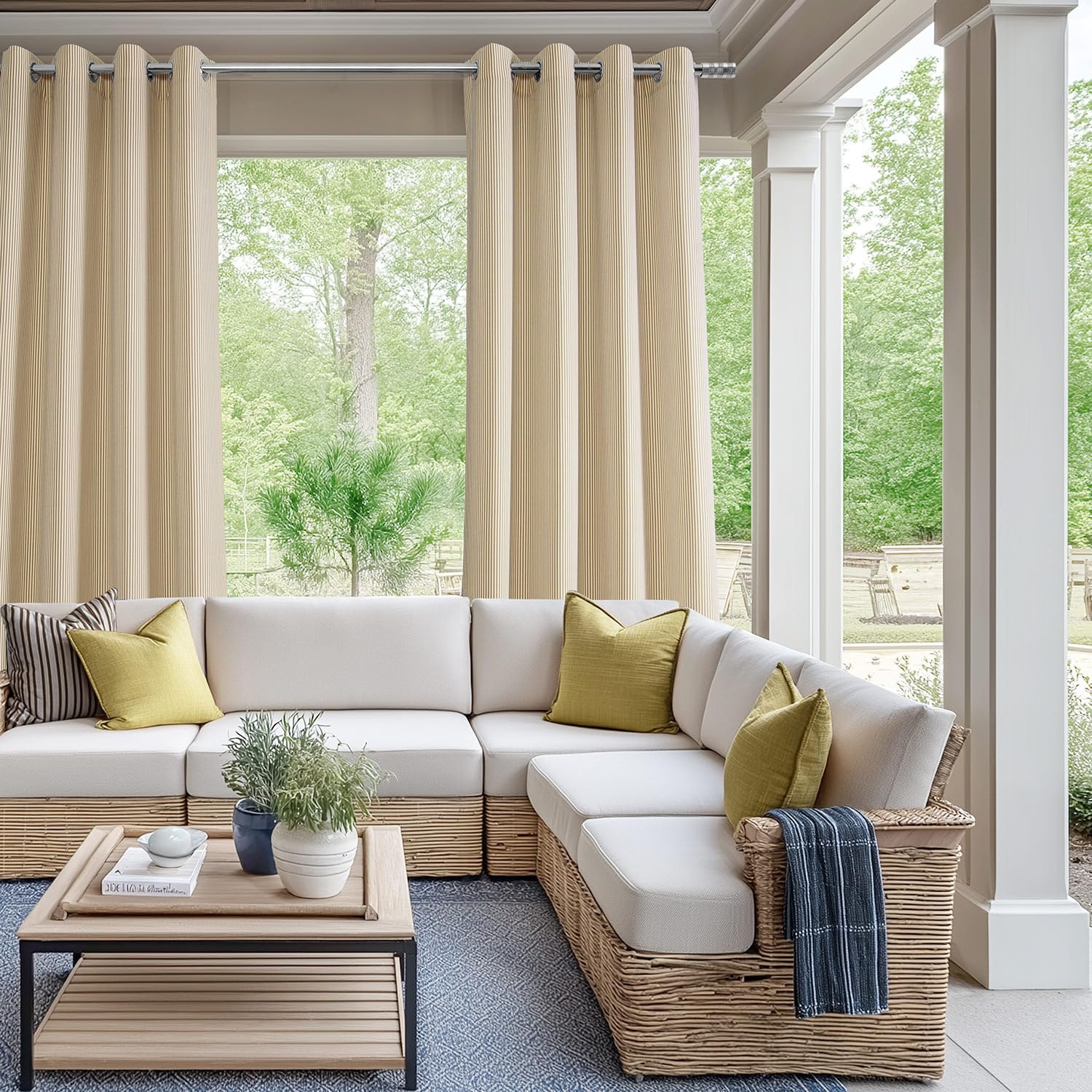 HPD Half Price Drapes Villanova Striped Grommet Outdoor Curtains for Patio (1 Panel) - UV & Water Resistant Light Filtering 200 GSM Polyester Curtains - 50W x 84L, Coastal Beige Thin Stripe