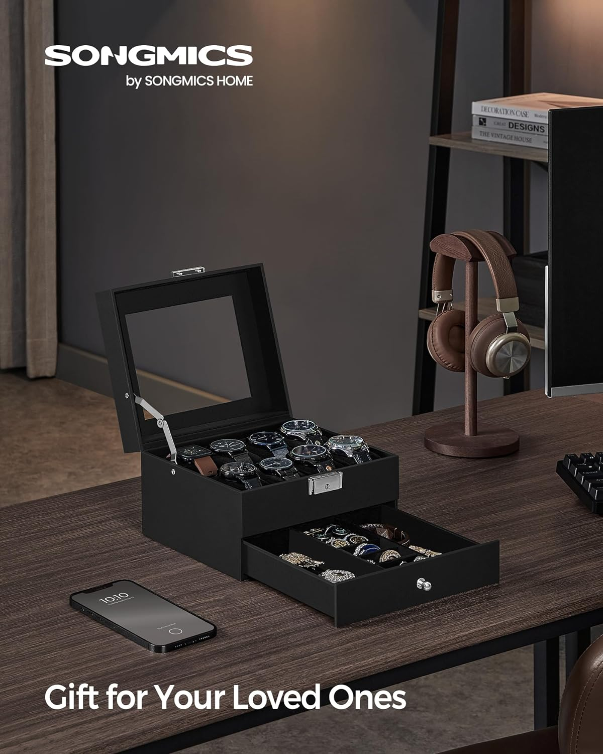 SONGMICS Watch Box, 8-Slot Watch Case Organizer with Large Glass Lid, 2 Layers, Removable Pillows, Metal Lock, Gift for Loved Ones, Black Synthetic Leather, Black Lining UJWB080B01