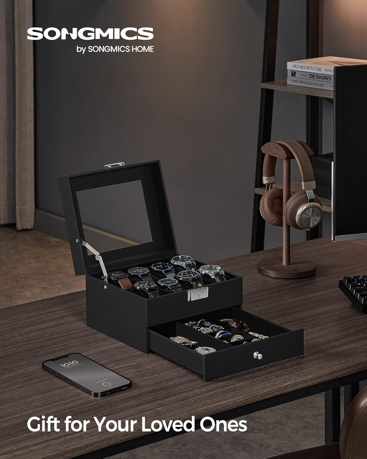 SONGMICS Watch Box, 8-Slot Watch Case Organizer with Large Glass Lid, 2 Layers, Removable Pillows, Metal Lock, Gift for Loved Ones, Black Synthetic Leather, Black Lining UJWB080B01