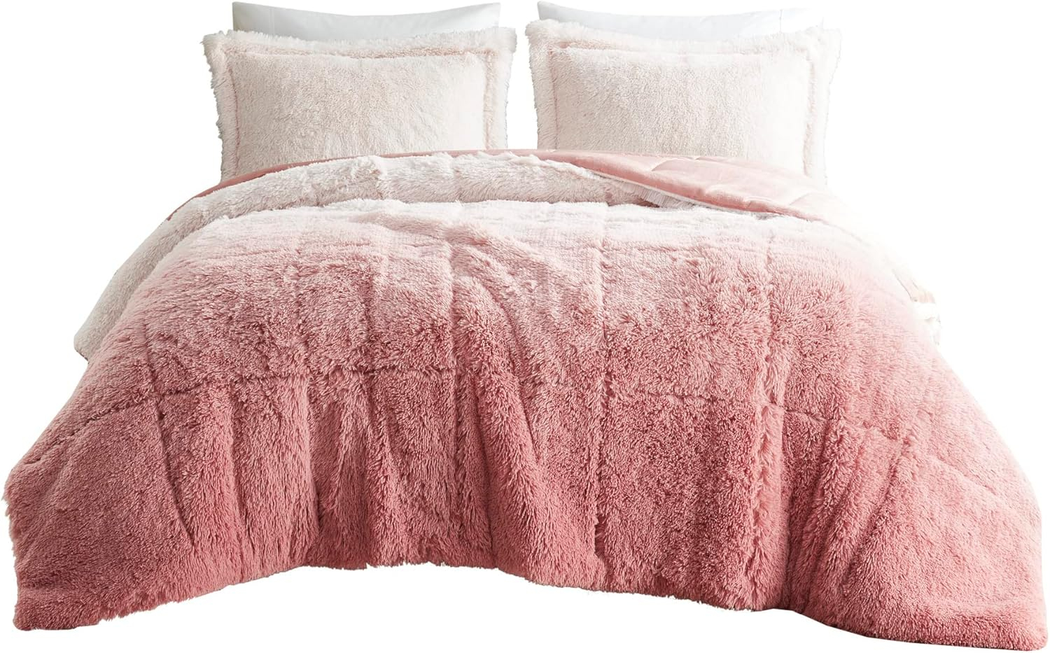 Intelligent Design King/Cal King Shaggy Faux Comforter Set, Long Fur Wave Spring Comforter Bedding Set, 3-Piece Striped Ombre Design Warm Bed Set, Blush