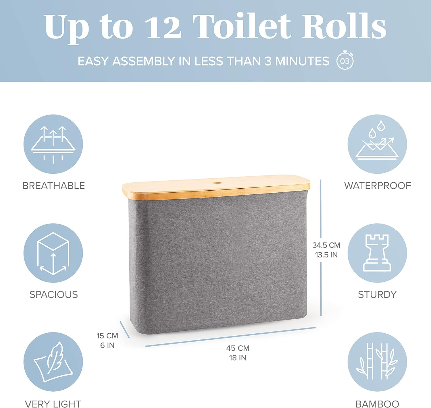 Lonbet Grey Toilet Paper 12 Count Rolls. Regular Size. Ultimate Bathroom Organizer