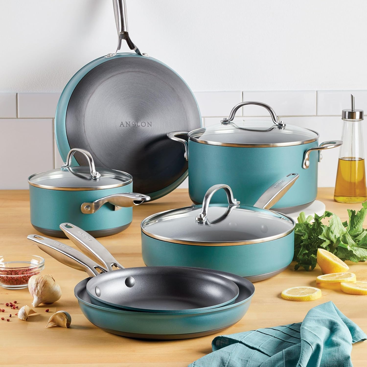 Teal Nonstick Aluminum Cookware Set with Stainless Steel Handles, 9-Piece
