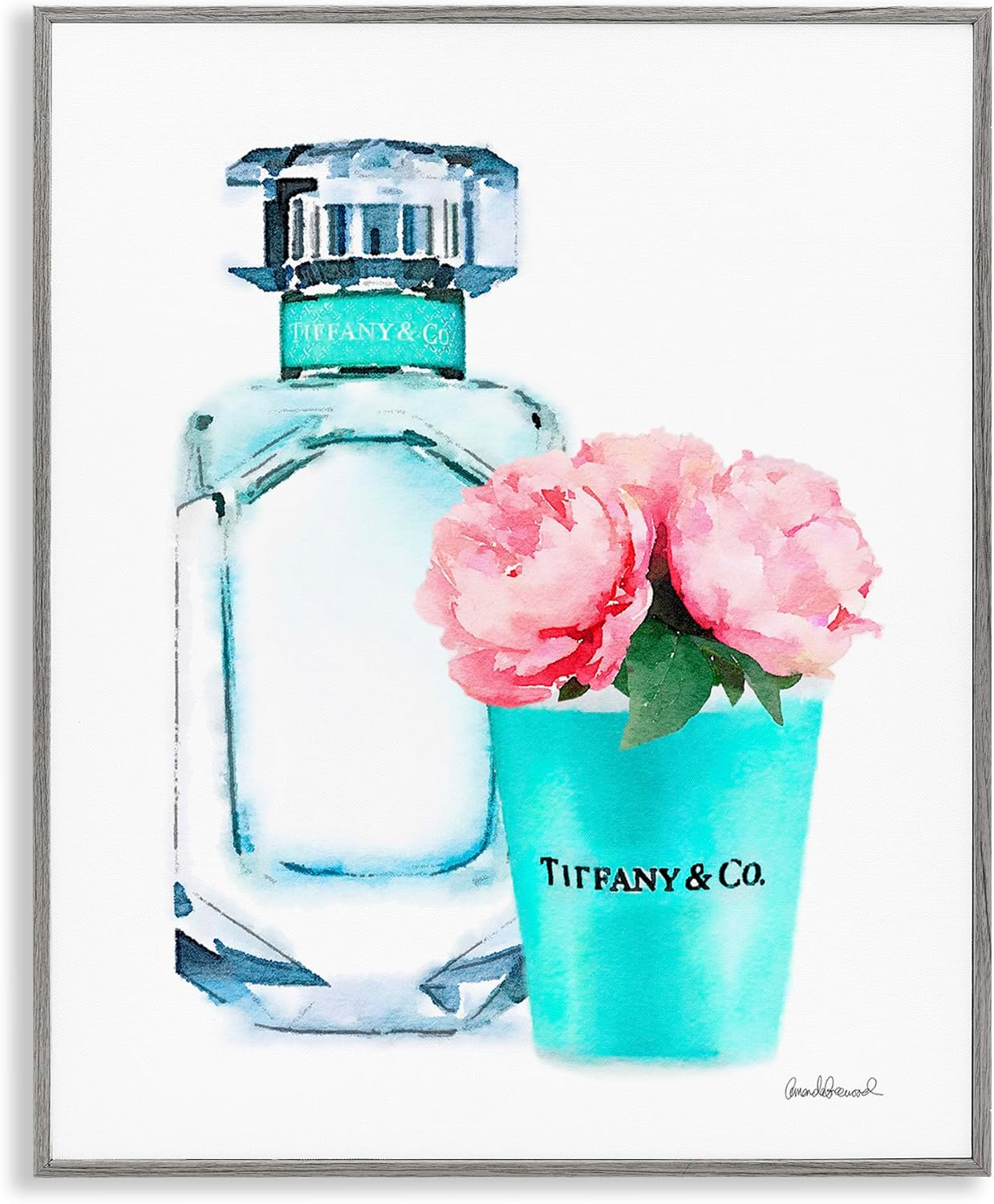 Stupell Industries Teal Blue Perfume Bottle and Pink Peonies Framed Wall Art by Amanda Greenwood