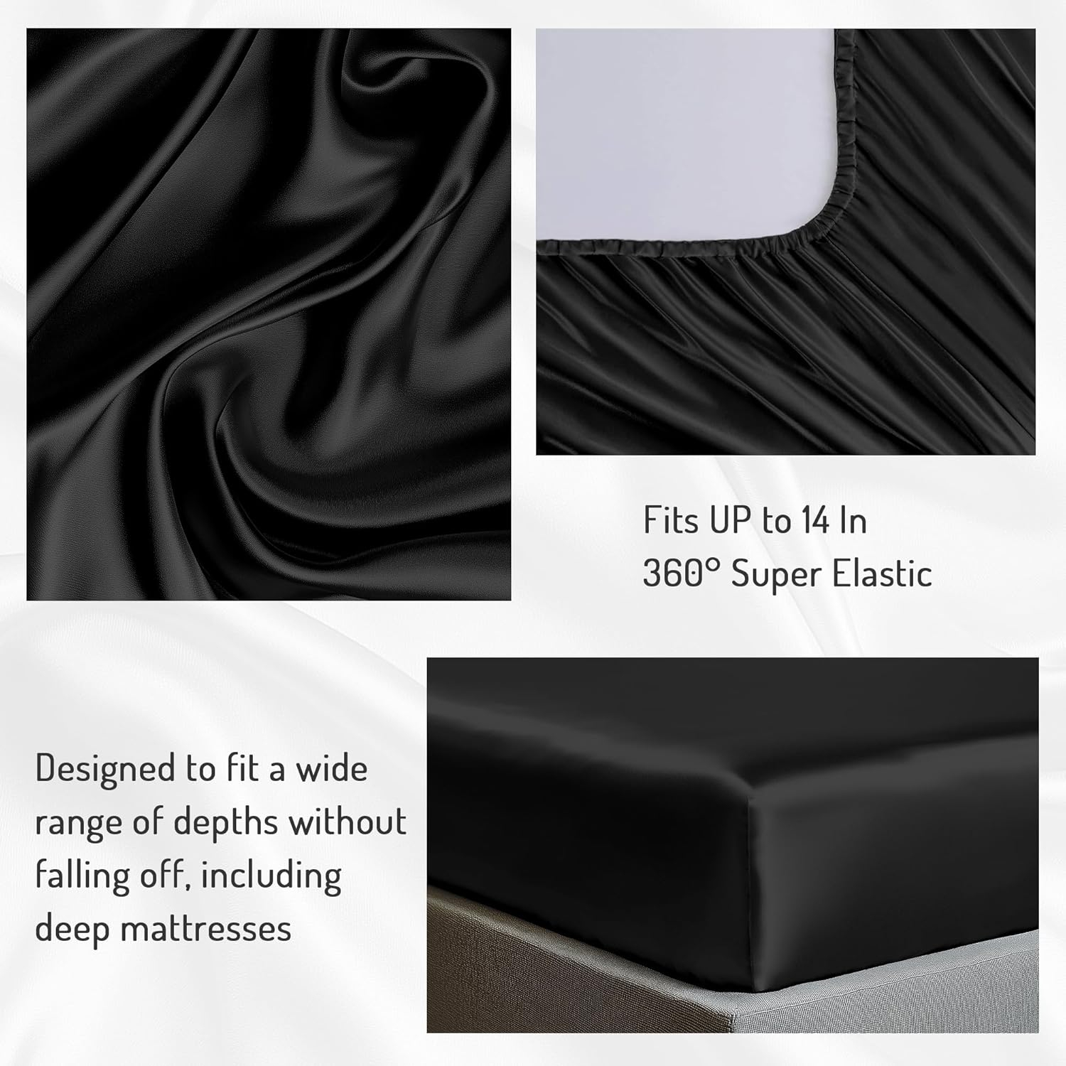 Degrees of Comfort Black Satin Sheet Set for Queen Size Bed – 6 Piece Silky and Soft Sheets with 14 Inches Deep Pocket
