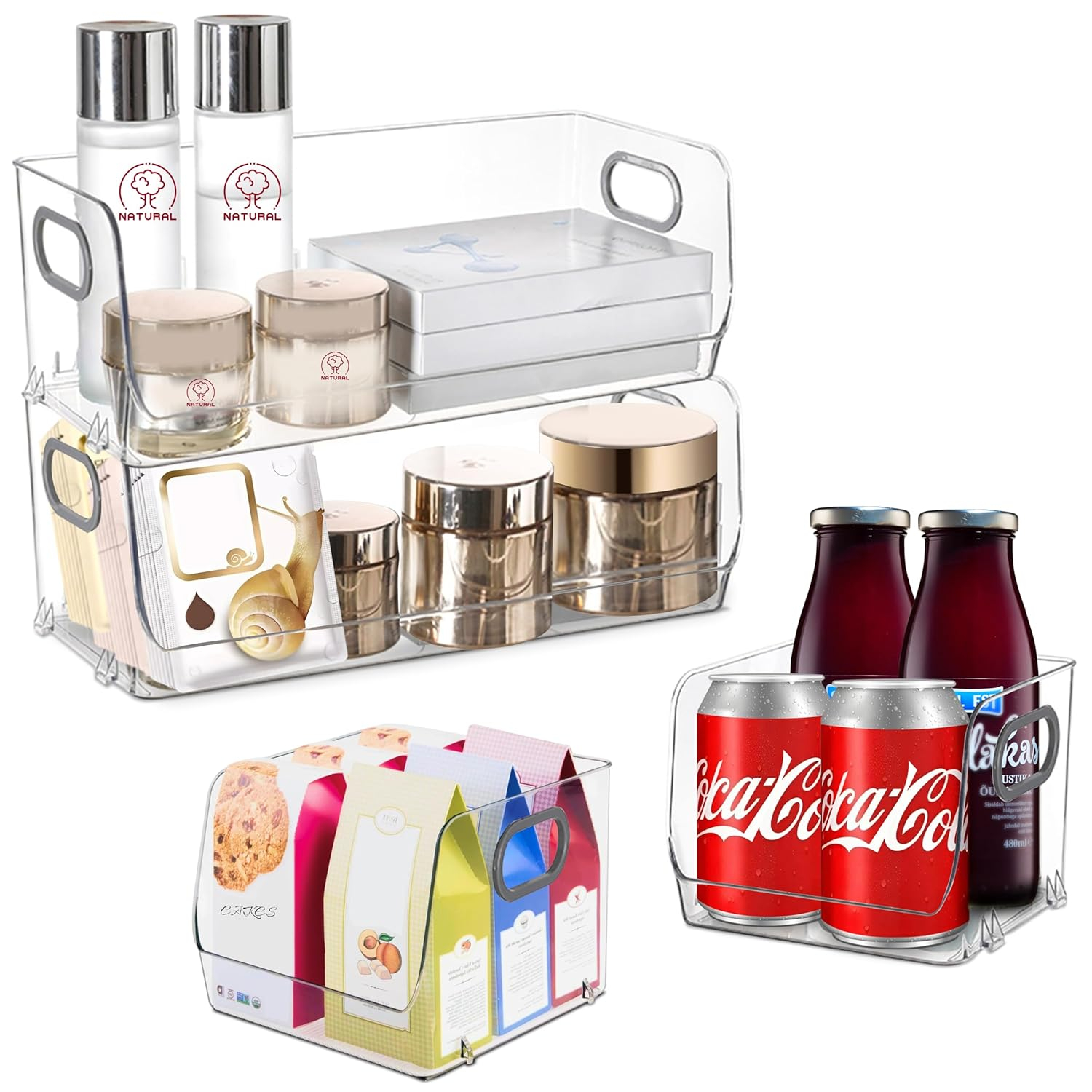 Skywin Stackable Clear Storage Bins For Pantry (2 Small + 2 Large) - Clear Acrylic Organizers and Storage Bin For Kitchen’s Shelf, Cupboard, or Cabinet - Clear Containers for Organizing Snacks