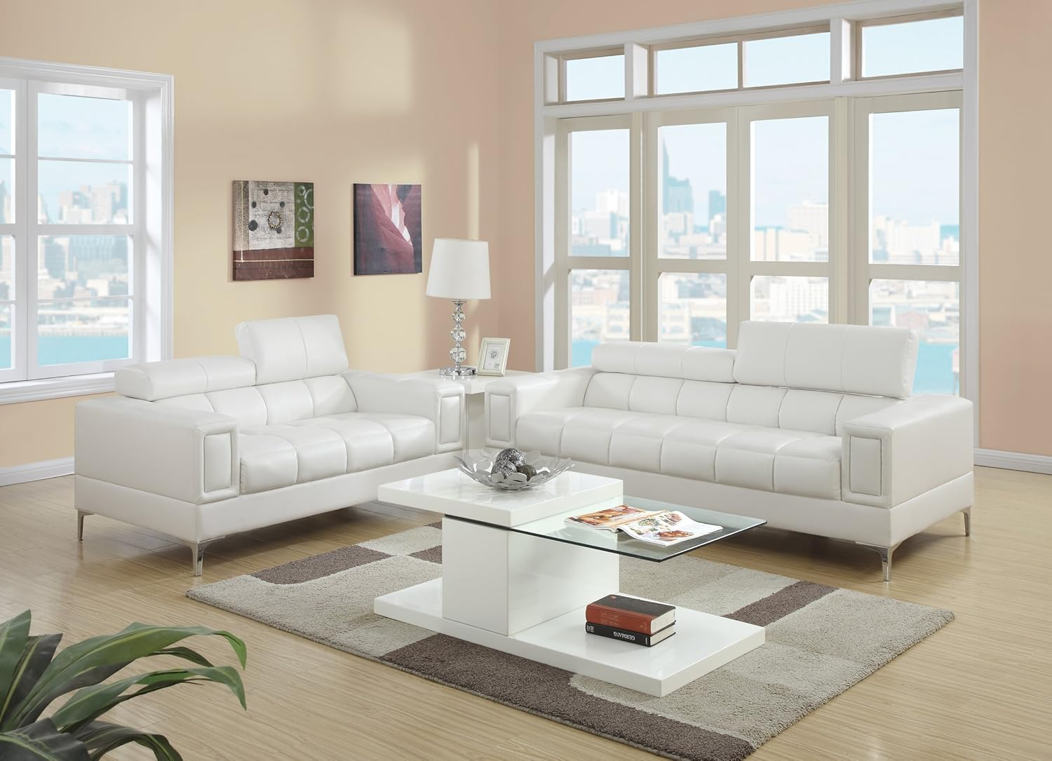 Poundex Furniture 2 Piece Faux Leather Sofa Set in Cream-White Color