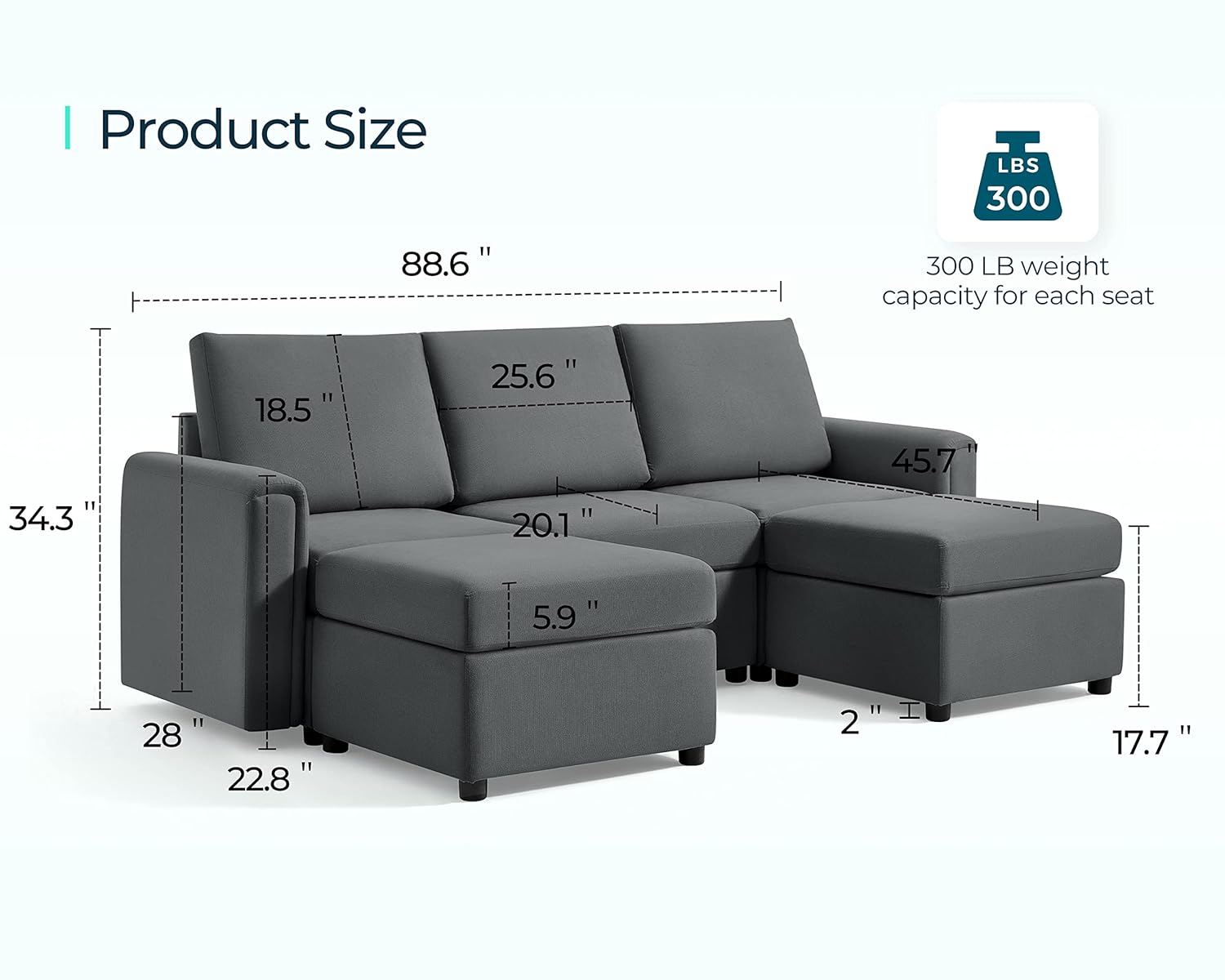 LINSY HOME Modular Couches and Sofas Sectional with Storage, 5 Seat Sectional Sofa for Living Room, U Shaped Sectional Couch with Reversible Chaises, Dark Gray