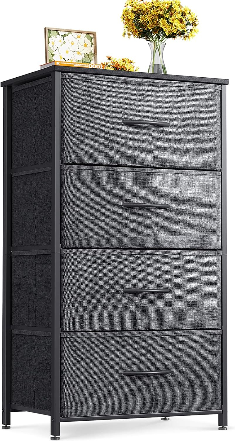 ODK Dresser for Bedroom with 4 Storage Drawers, Small Dresser Chest of Fabric Drawers with Sturdy Steel Frame, Wood Top, Dark Grey