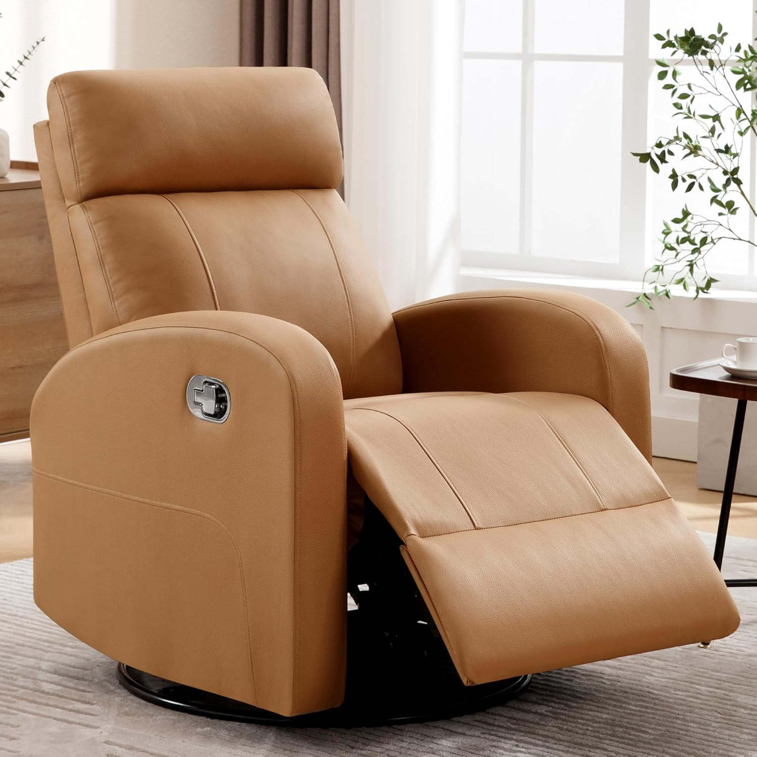 Swivel Rocker Recliner Chair, Manual Leather Recliner, Glider Rocking Recliner Chair 360°Swivel Nursery Reclining Chair with Adjustable Headrest/Highback for Living Room, Brown