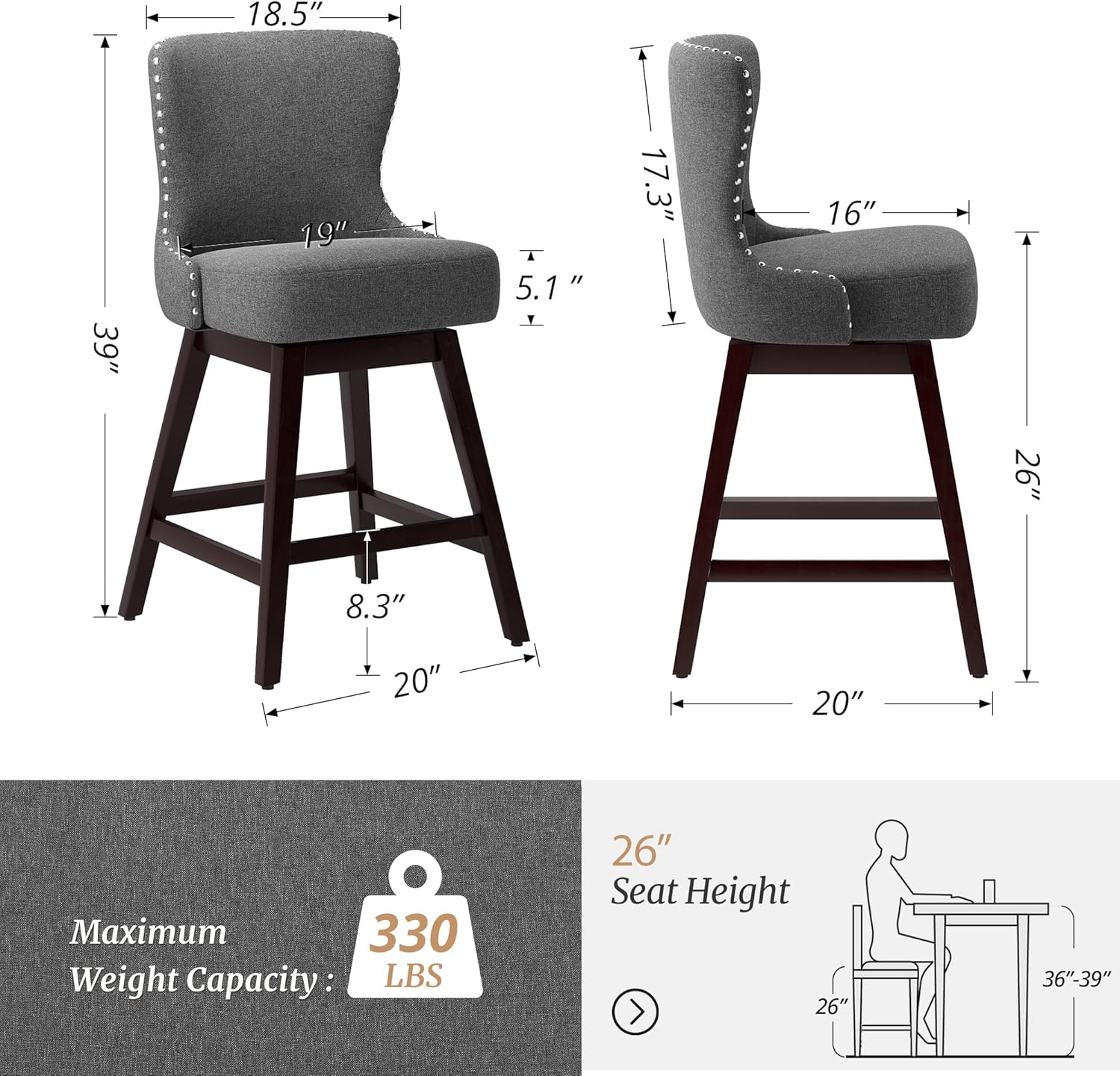 Zola 26 in. Gray Wood Frame Fabric Upholstered Swivel Bar Stool (Set of 4)