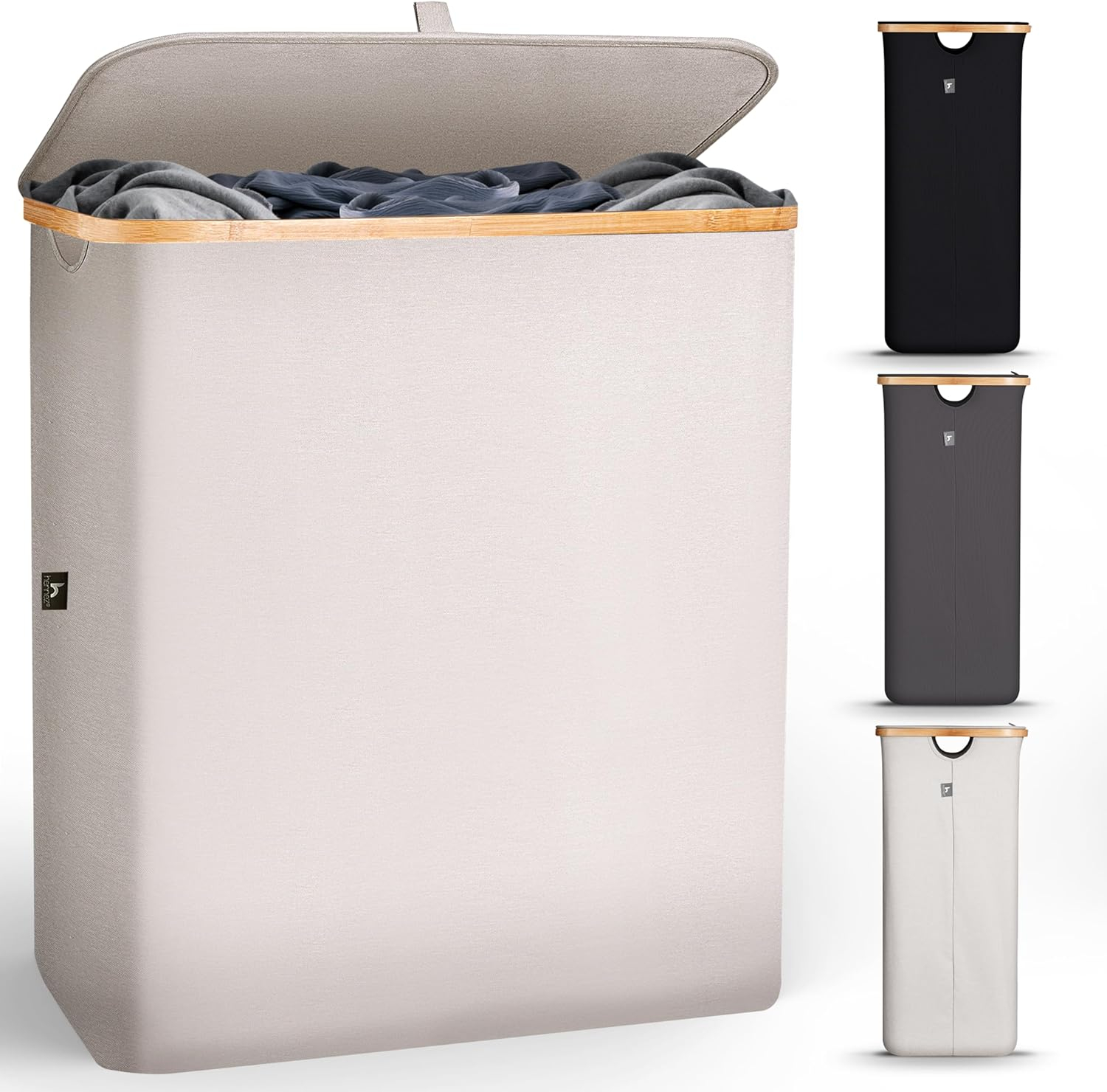 Hennez® Double Laundry Hamper with Lid, 2x Removable Bags, Thic Fabric, Bamboo Hamper 140Liter - 36gal - Light Gray