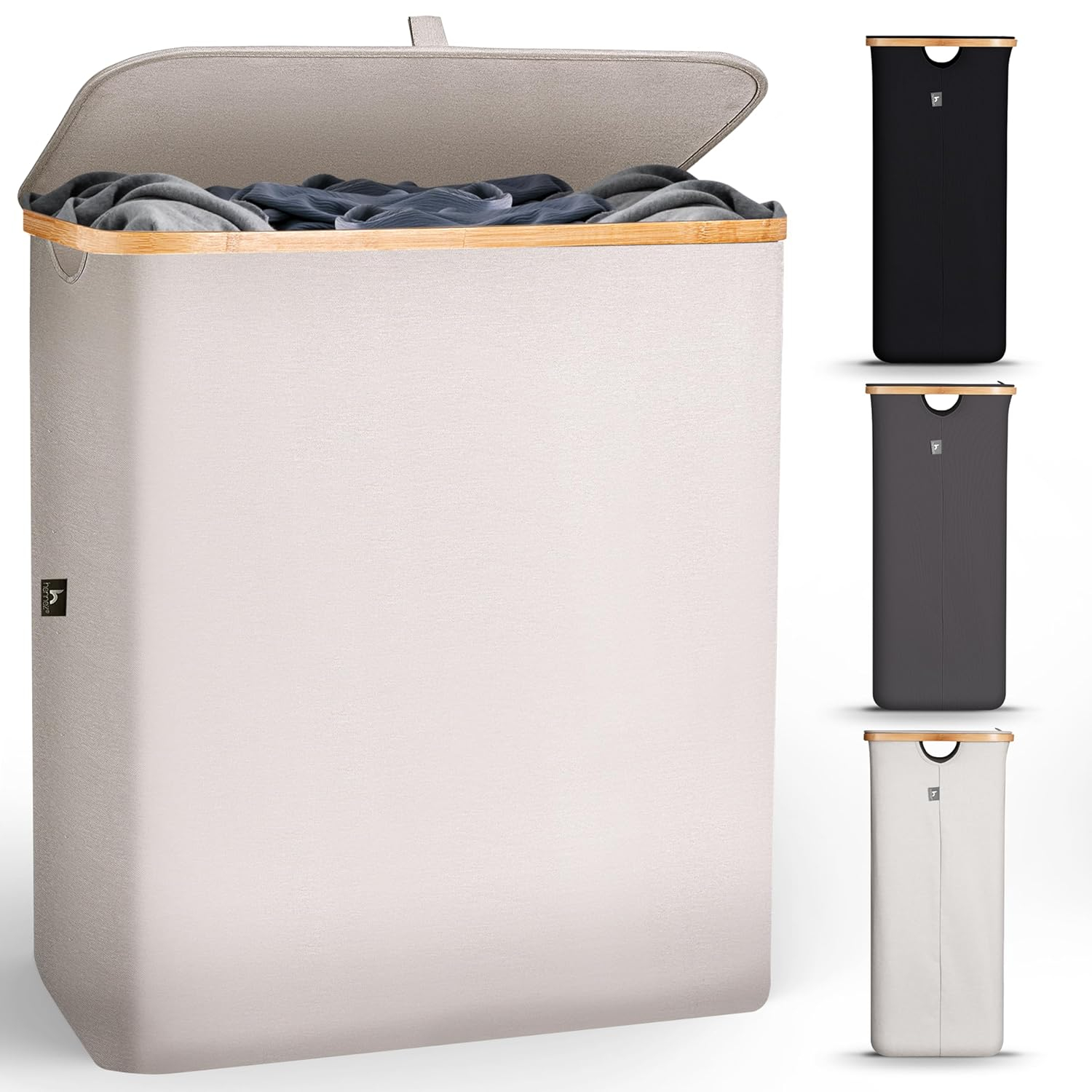 Hennez® Double Laundry Hamper with Lid, 2x Removable Bags, Thic Fabric, Bamboo Hamper 140Liter - 36gal - Light Gray