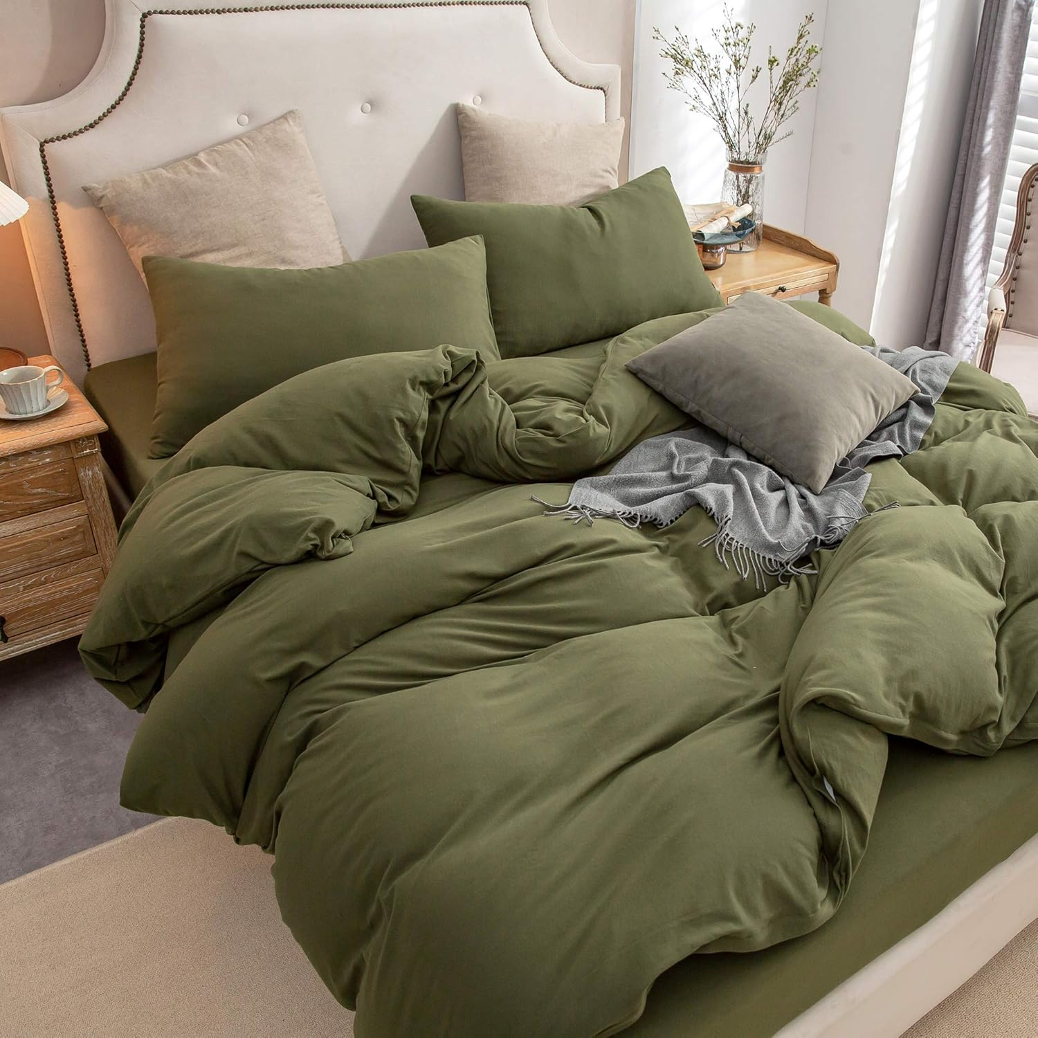 PURE ERA Jersey Knit Duvet Cover Set 100% T-Shirt Cotton Super Soft Comfy 2pc Bedding Set with Zipper Closure (Solid Olive Green, Twin)