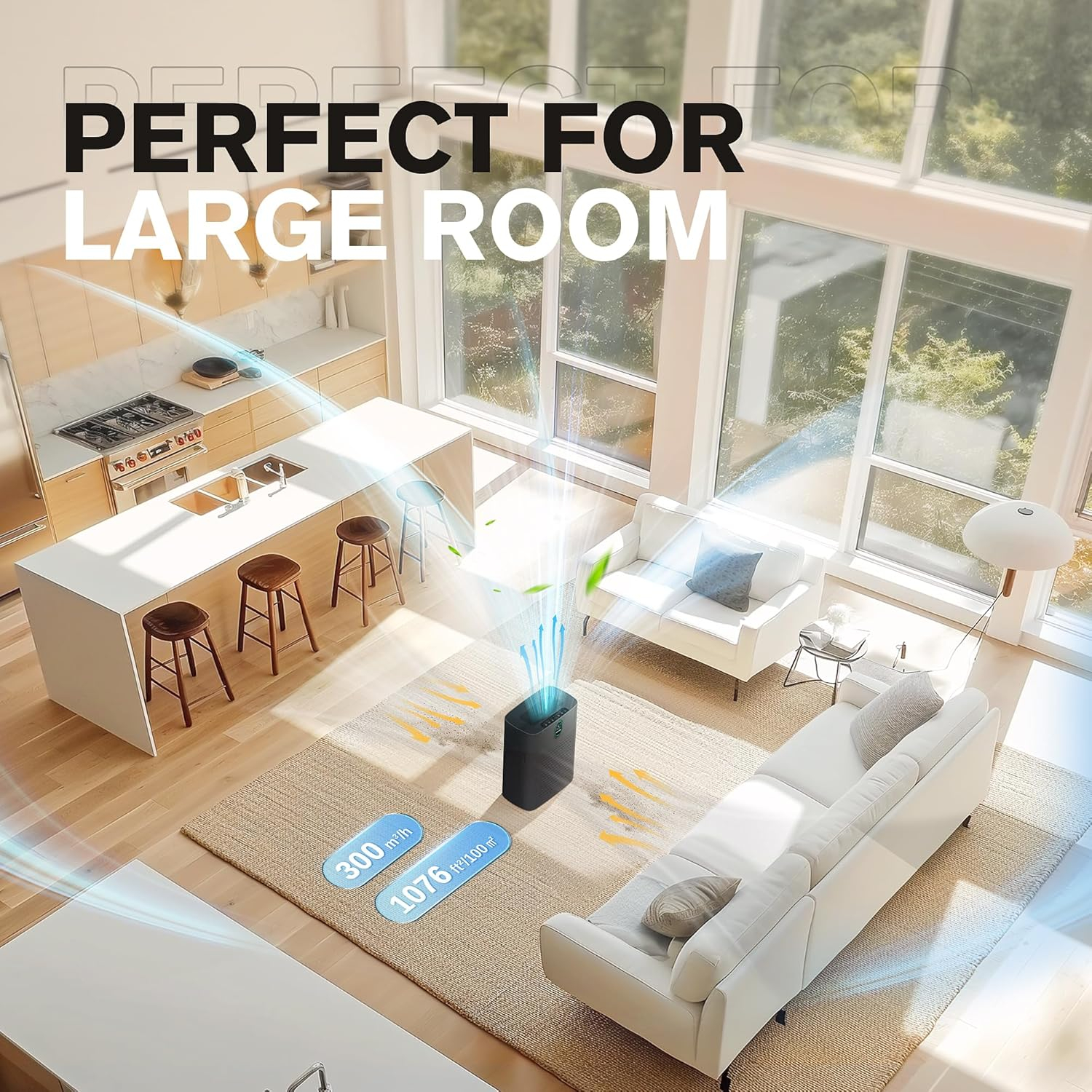 MORENTO Air Purifiers for Home Large Room up to 1076 Sq Ft with PM 2.5 Display Air Quality Sensor,Remove 99.97% of Pet Hair with Double-Sided Air Inlet, 24db, Black, 1 Pack