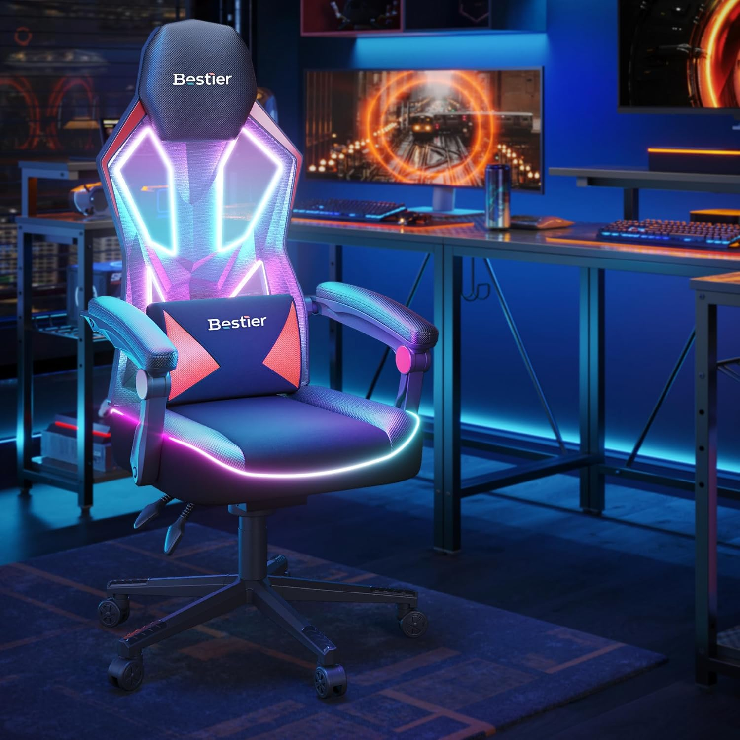 Bestier Black Red LED Gaming Chair with Breathable Fabric