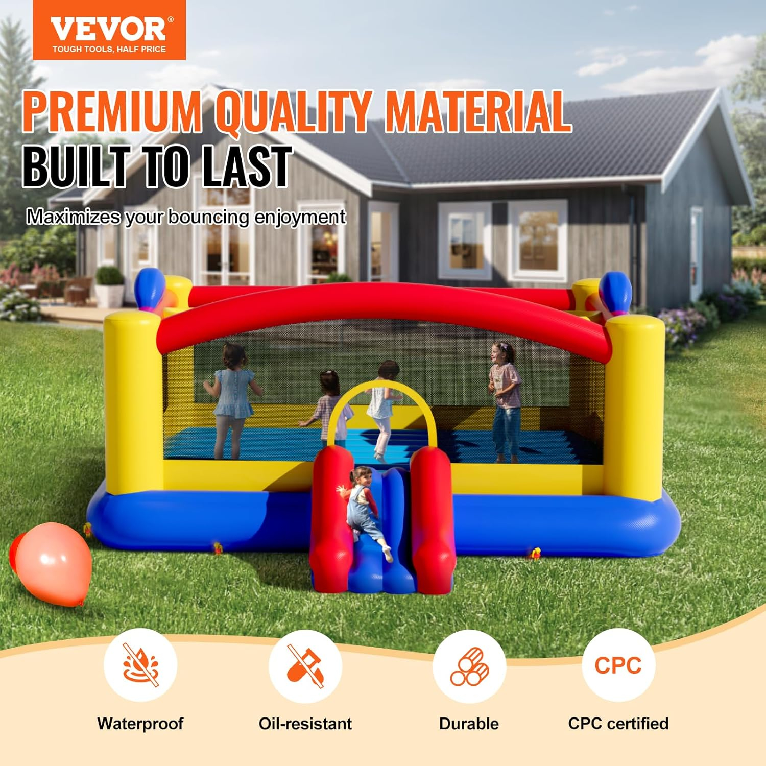Large Multicolor Inflatable Bounce House with Slide and Basketball Hoop