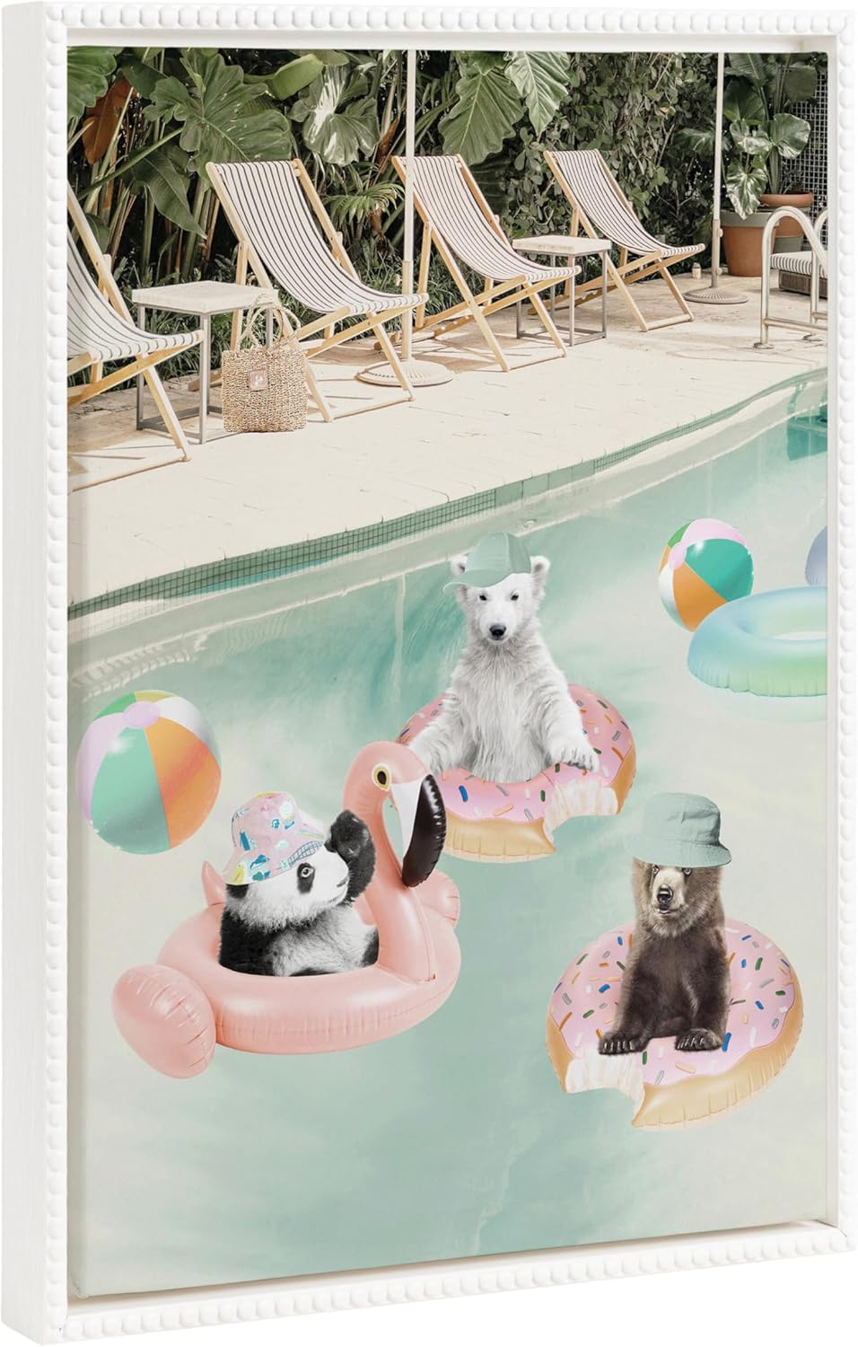 Kate and Laurel Sylvie Beaded Pool Party Vintage Framed Canvas Wall Art by July Art Prints, 18x24 White, Animal Pool House Wall Decor