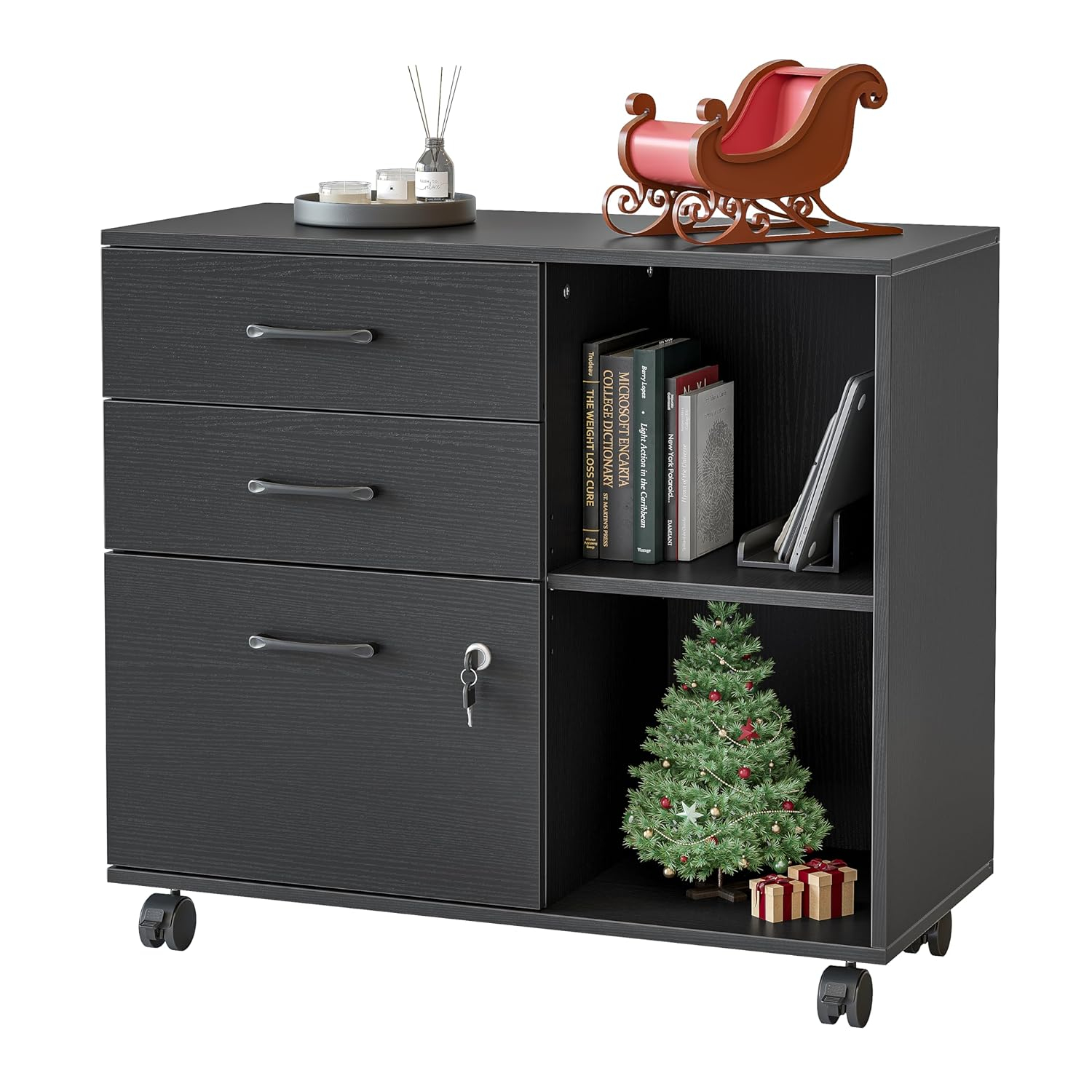 3-Drawer Mobile File Cabinet, Lateral Filing Cabinet with Lock, Printer Stand with Open Storage Shelves for Home Office, Filing Cabinets for Home Office, Black