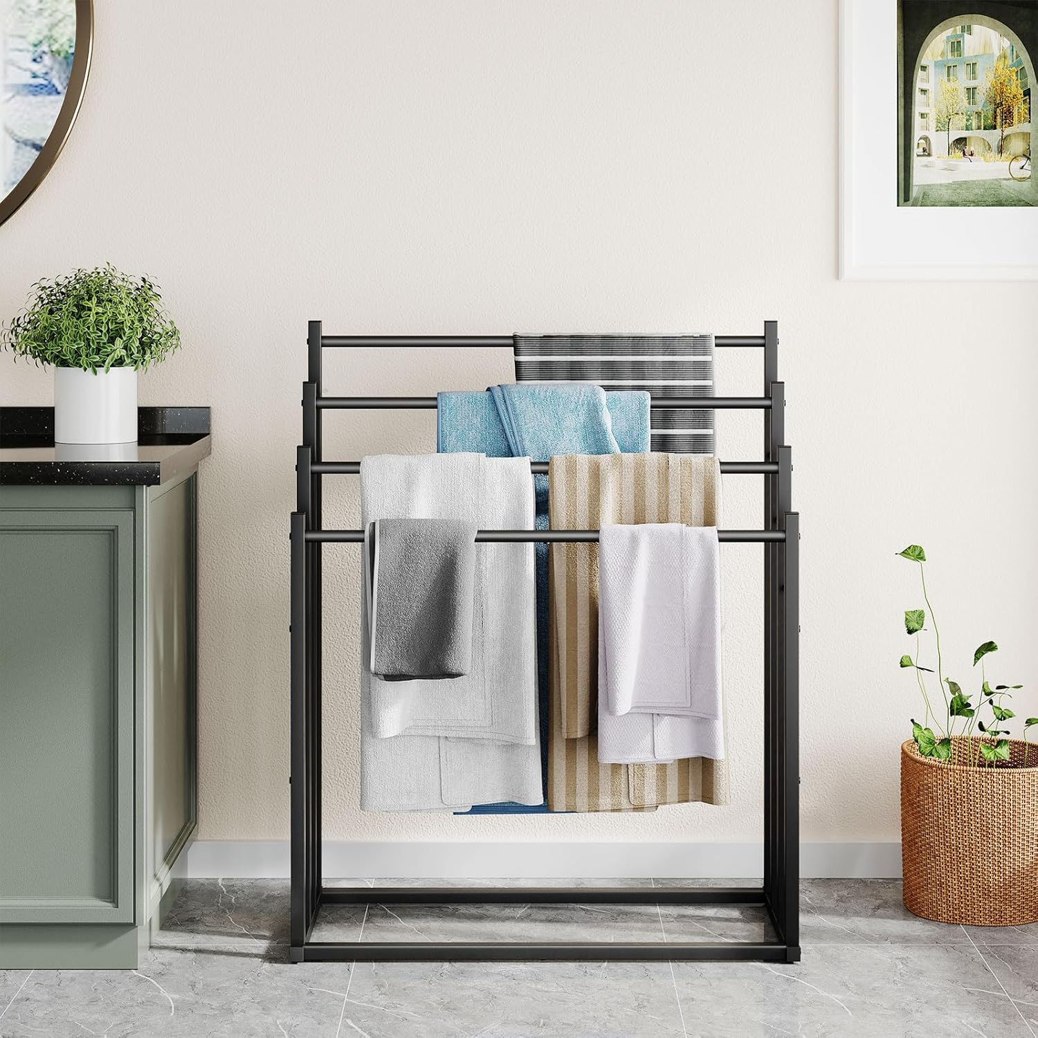 Honiter Towel Racks for Bathroom, 4 Tier Wide Towel Drying Rack Outdoor, Free Standing Towel Rack, Pool Towel Blanket Stand and Display Rack for Oversized Bath Towels