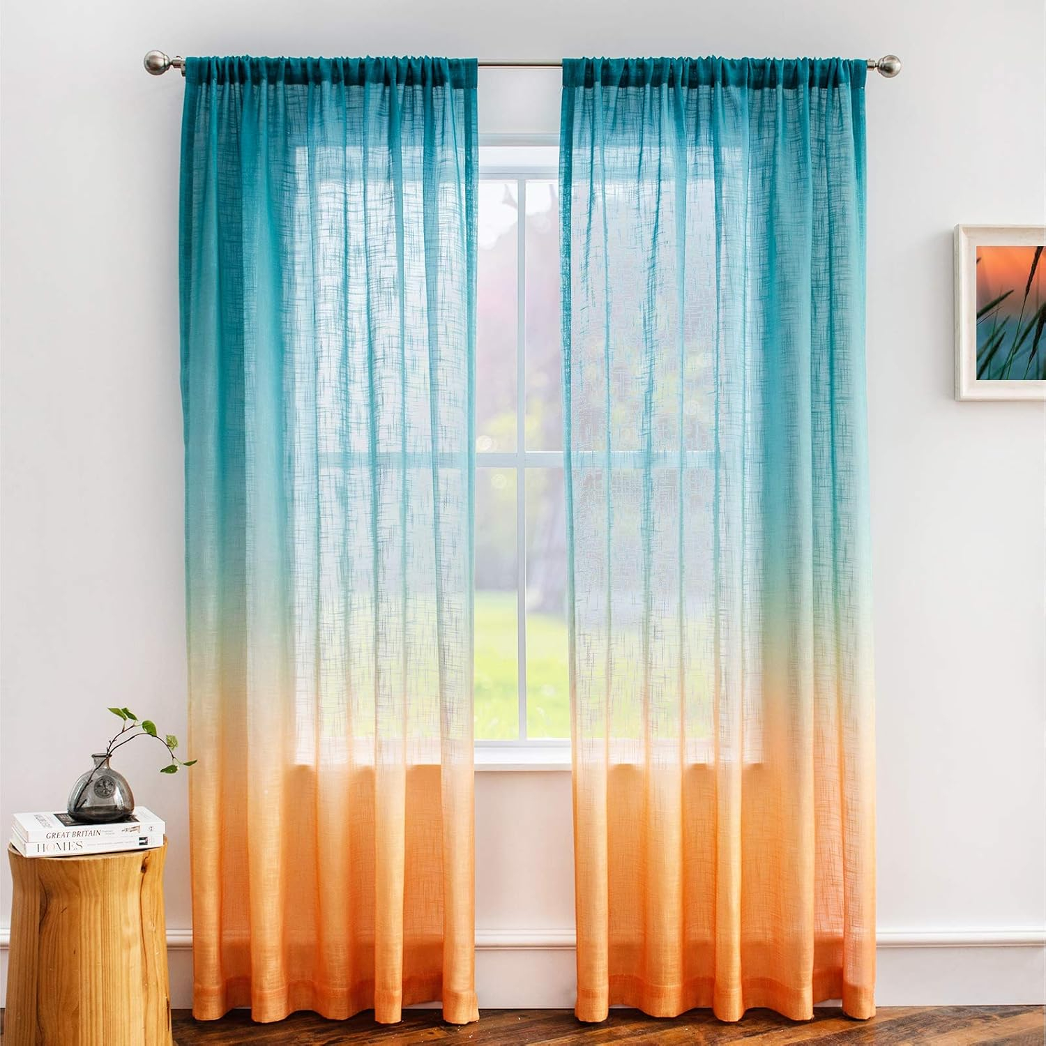 Melodieux Linen Textured Ombre Semi Sheer Curtains for Bedroom Living Room Kids Nursery Sunset Rod Pocket Gradient Drapes, Orange Green Teal Turquoise Mint, 52 x 63 Inch (2 Panels)