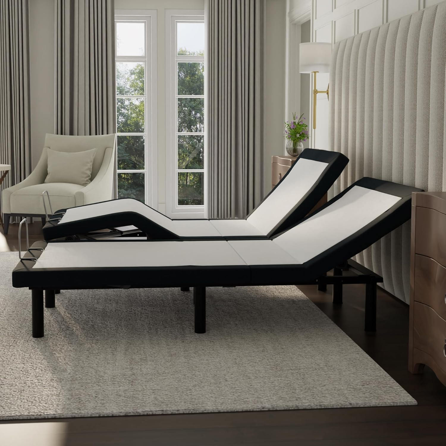 Blissful Nights e4 Cal King Split Adjustable Bed Base Frame with Wireless Remote, Massage Motors, Anti-Snore, Zero Gravity, Dual USB Charging Station, Under-Bed Light, and 10 Year Warranty
