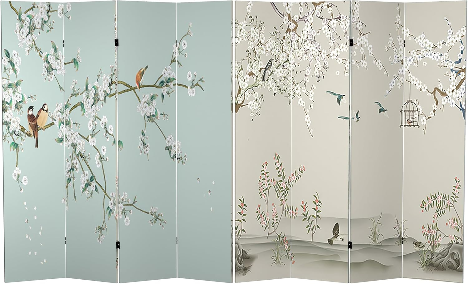 Oriental Furniture 6 Feet Tall Double Sided Birds and Plum Blossoms Canvas Room Divider