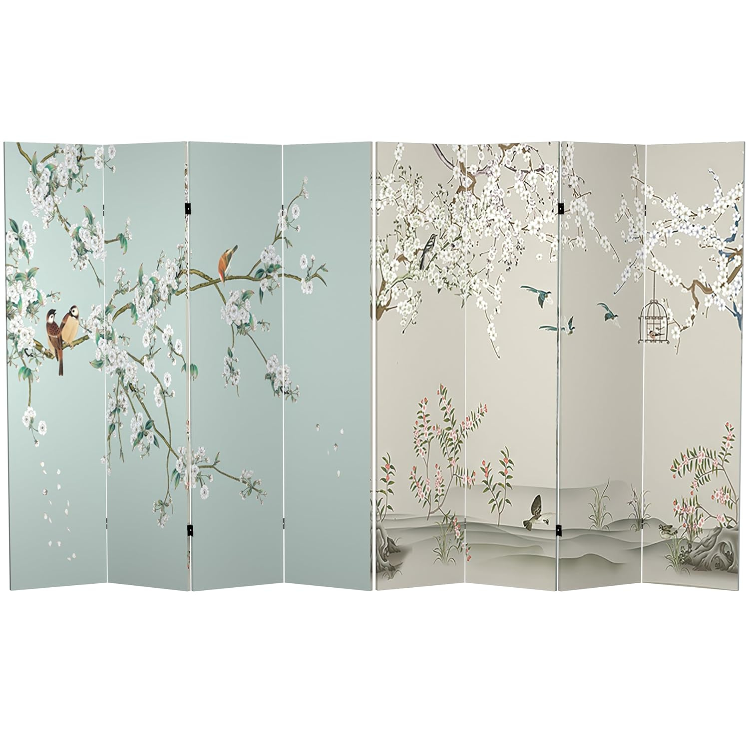 Oriental Furniture 6 Feet Tall Double Sided Birds and Plum Blossoms Canvas Room Divider