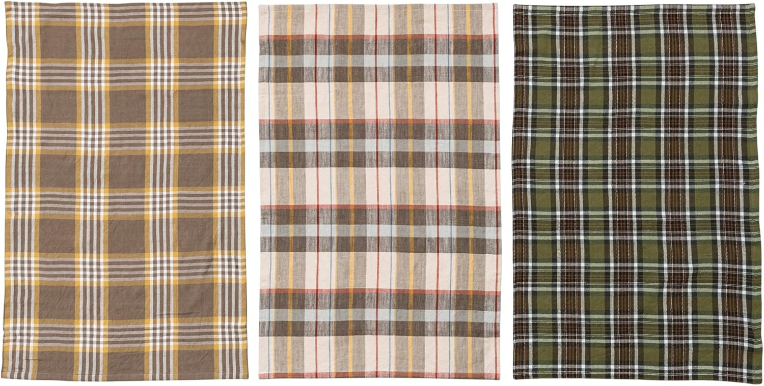 Creative Co-Op 28" L x 18" W Cotton Printed Tea Towels w/Tie w/Wood Beads, Multi Color Plaid, Set of 3
