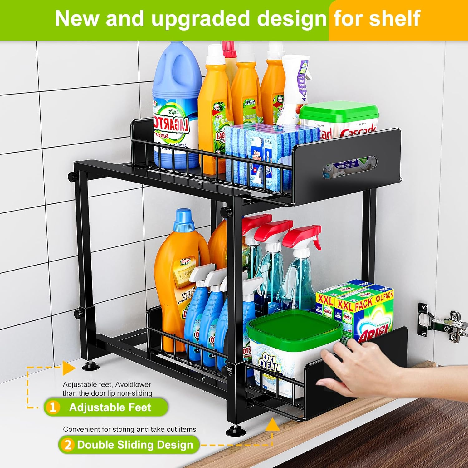 2 Pack Under Sink Organizer,Kitchen Organizers and Storage with sliding,2 Tier Pull Out Cabinet Organizer,Adjustable height Metal Rack for Kitchen Bathroom Storage Counter Organization