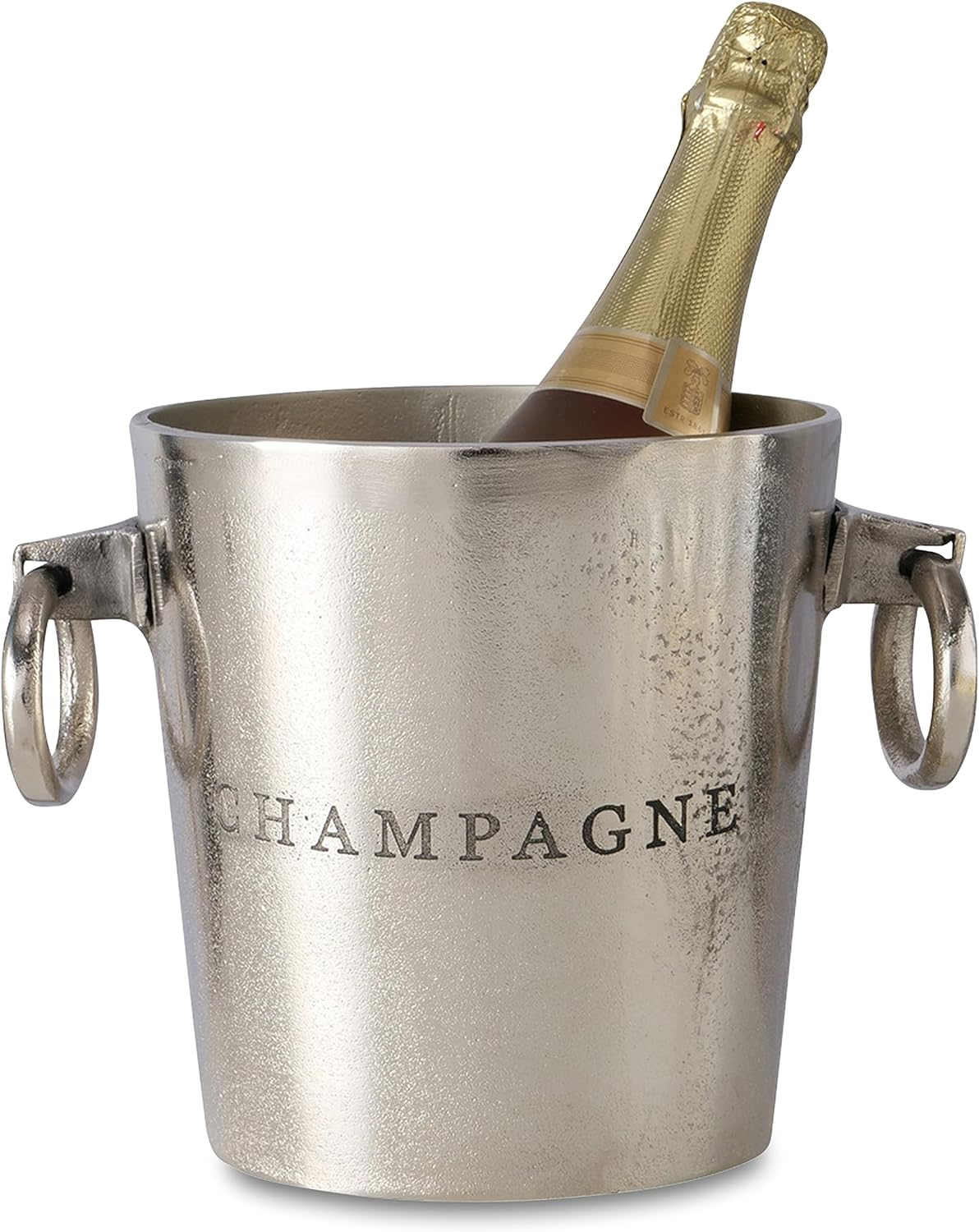 Luxury Champagne Ice Bucket, Elegant Script Text Details, Hand Cast, Silver Aluminum, 18.5 inches