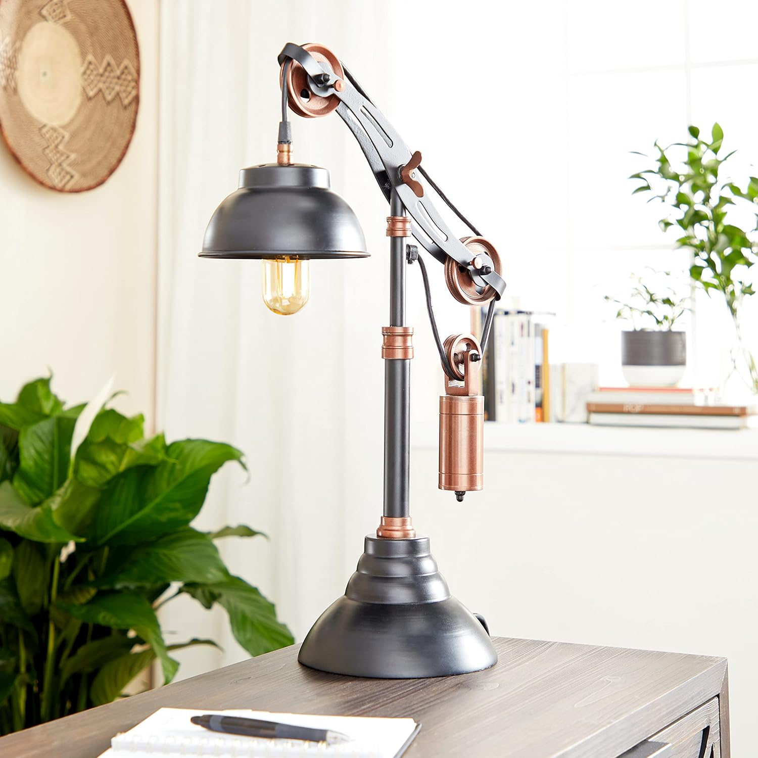 DecMode 24" Pulley Black Desk Lamp with Black Metal Shade
