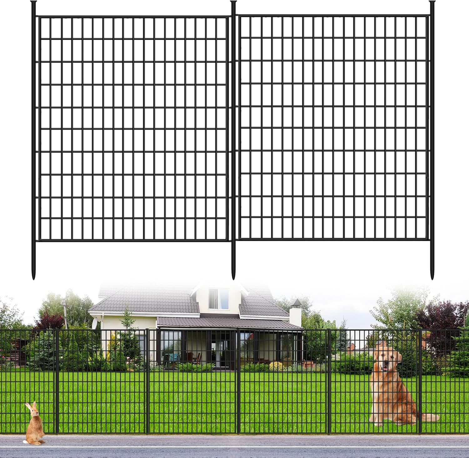 10 Panels Garden Fencing Animal Barrier, 33 in(H) X 24 ft(L) Dog Fence Outdoor for Yard Rustproof No Dig Decorative Tall Garden Fence Metal Wire Panel Border Patio Rabbit Ground Stakes Fencing