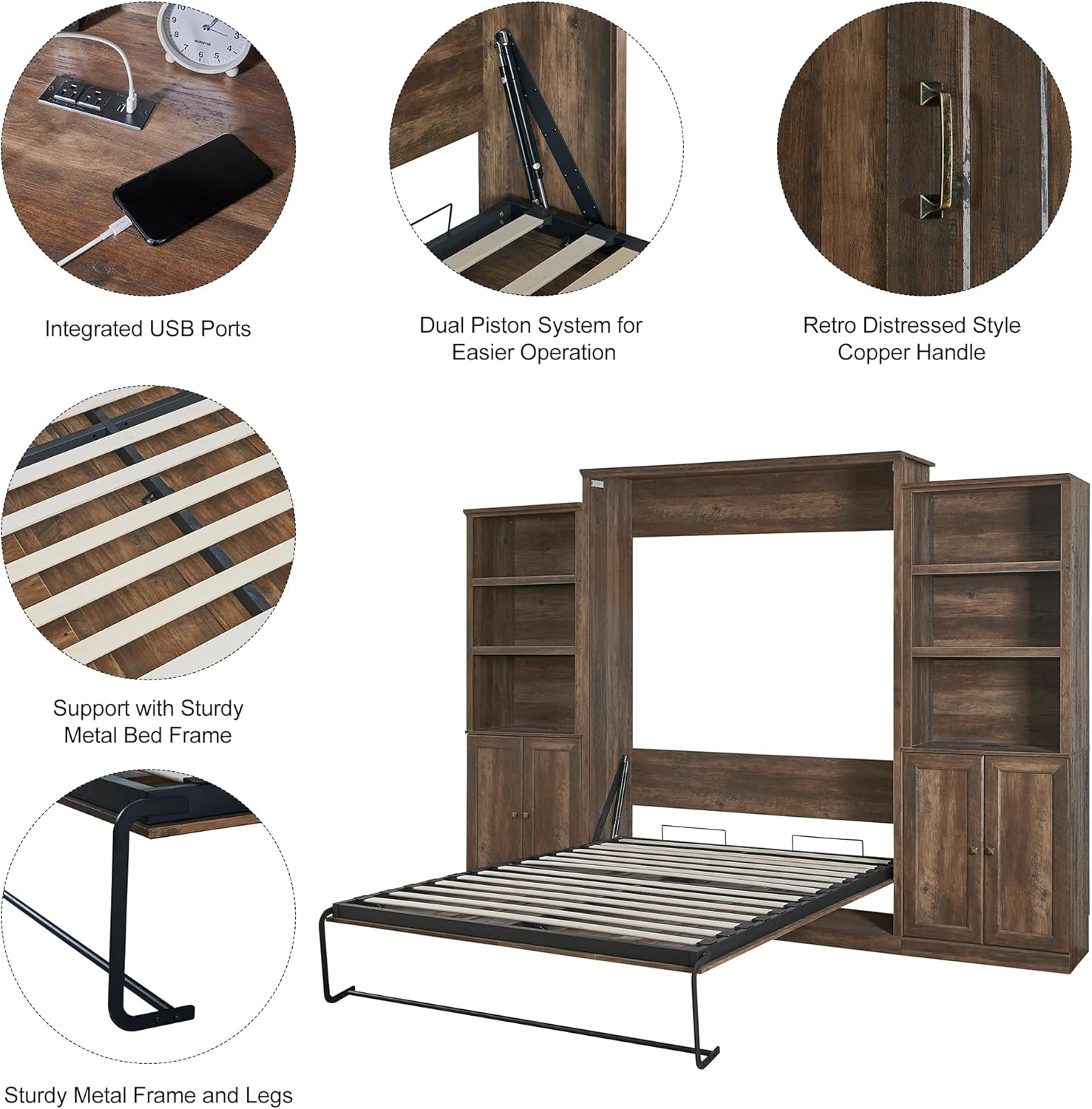 LUSPAZ Queen Size Half Self-Close and Open Murphy Bed with 2 Side Cabinet and Desk, Space-Saving Design Solid Pine Wood Foldable Pull Out Bed Cabinet, for Apartments, Bedrooms, Brown