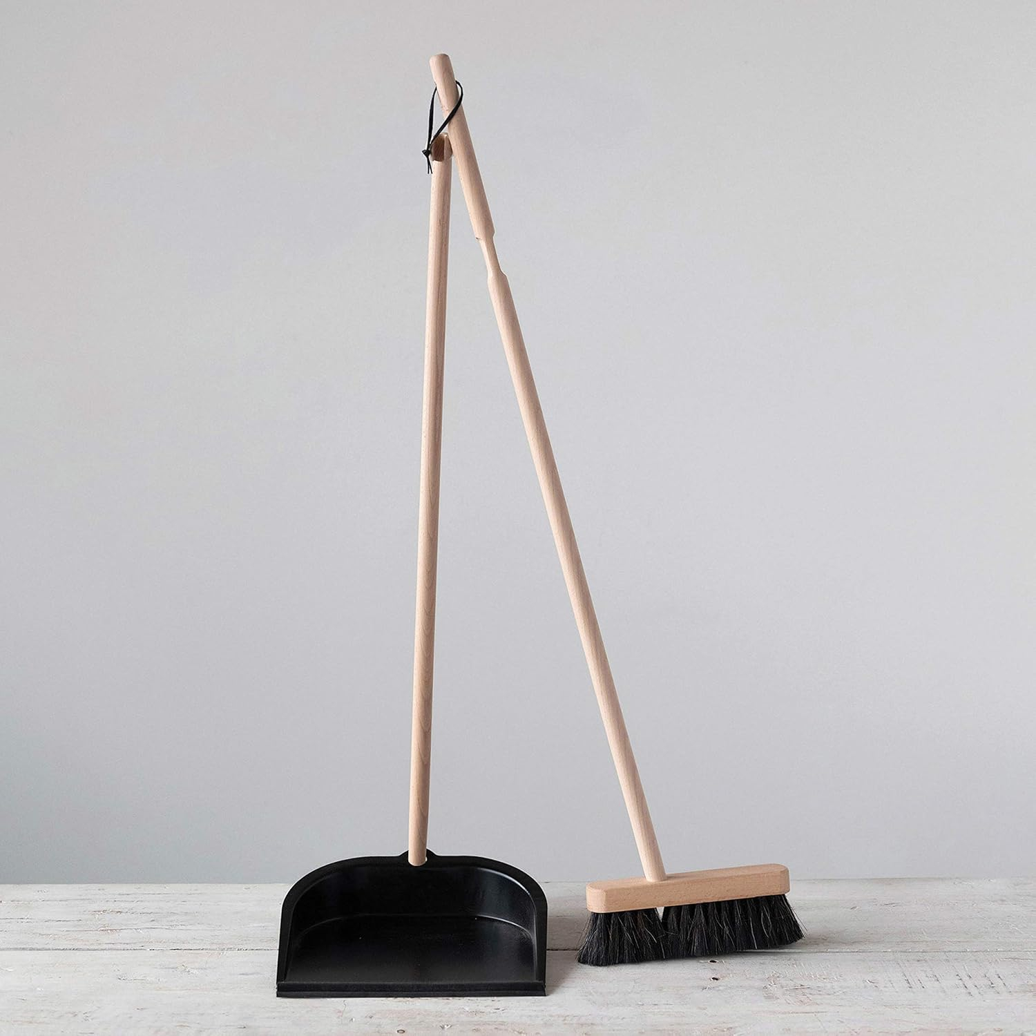Creative Co-Op Beech Wood Broom & Standing Metal Dust Pan, Natural & Black, Set of 2