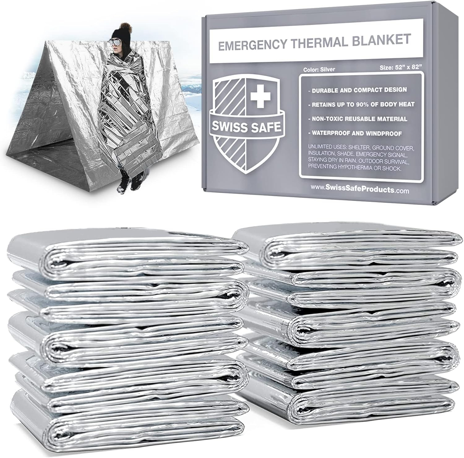 Swiss Safe Emergency Mylar Thermal Blankets Premium 12-Micron 52" X 82" Silver 10-Pack