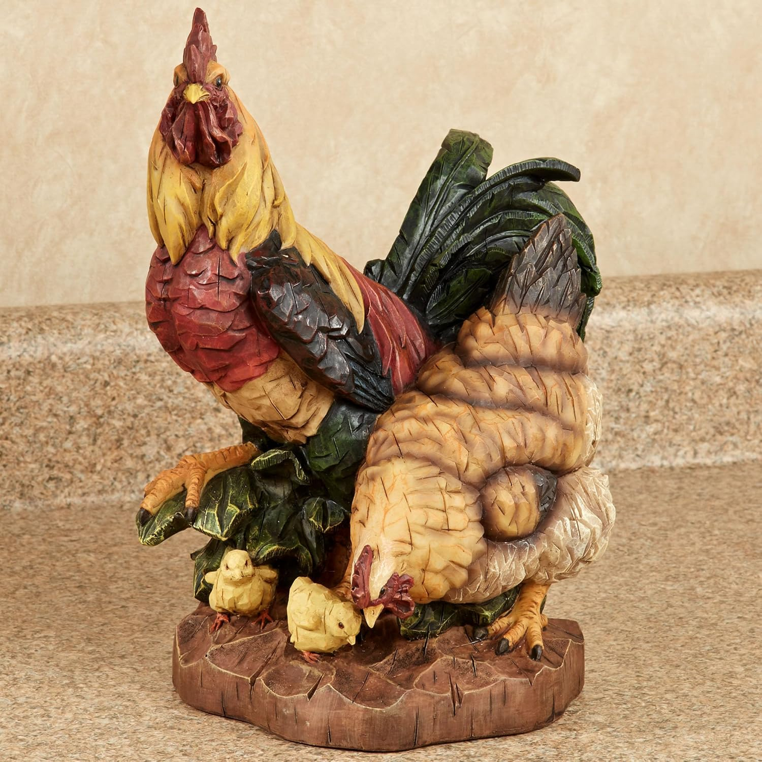 Handcarved Resin Rooster and Hen Family Sculpture in Multicolor