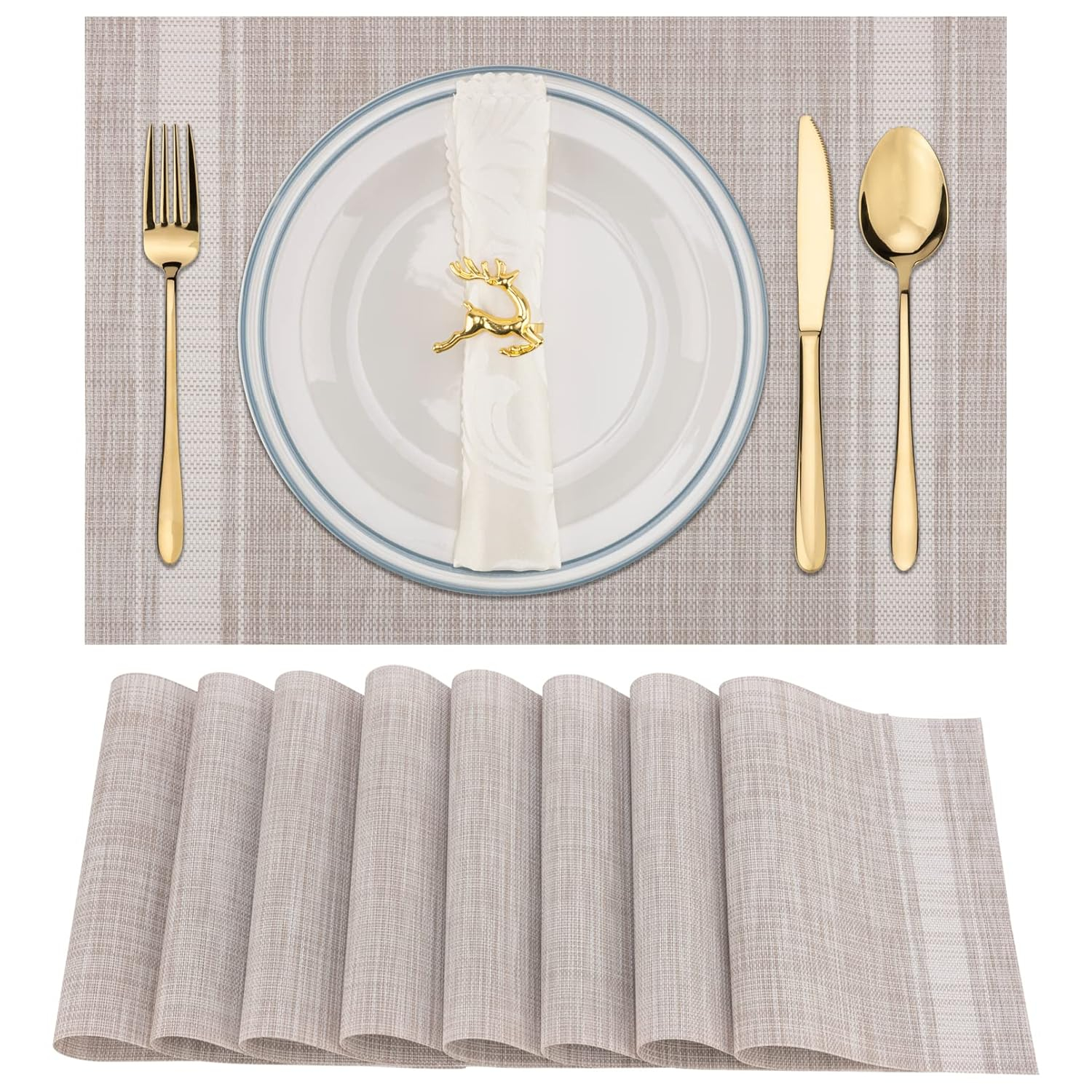 Set of 8 Heat-Resistant Placemats Stain Resistant Anti-Skid Placemats for Kitchen Table, Washable Durable PVC Table Mats Woven Vinyl Placemats Beige