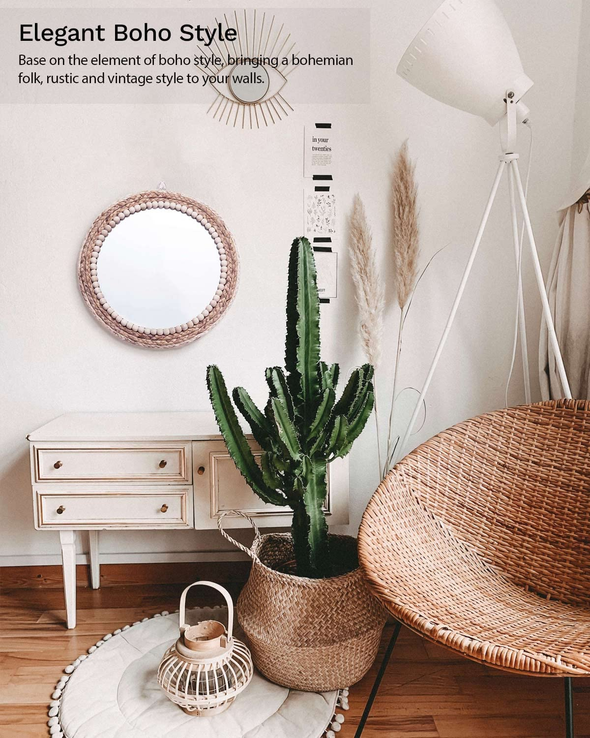 Poeme Boho Wall Mounted Round Mirror - 15 Inch Circle Rattan Decorative Hanging Mirror for Bedroom, Living Room & Bathroom